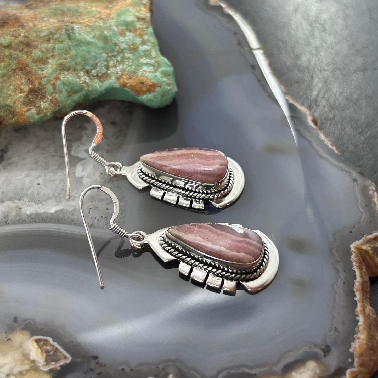 Sterling Silver Southwestern Style Teardrop Rhodochrosite Dangle Earrings For Women