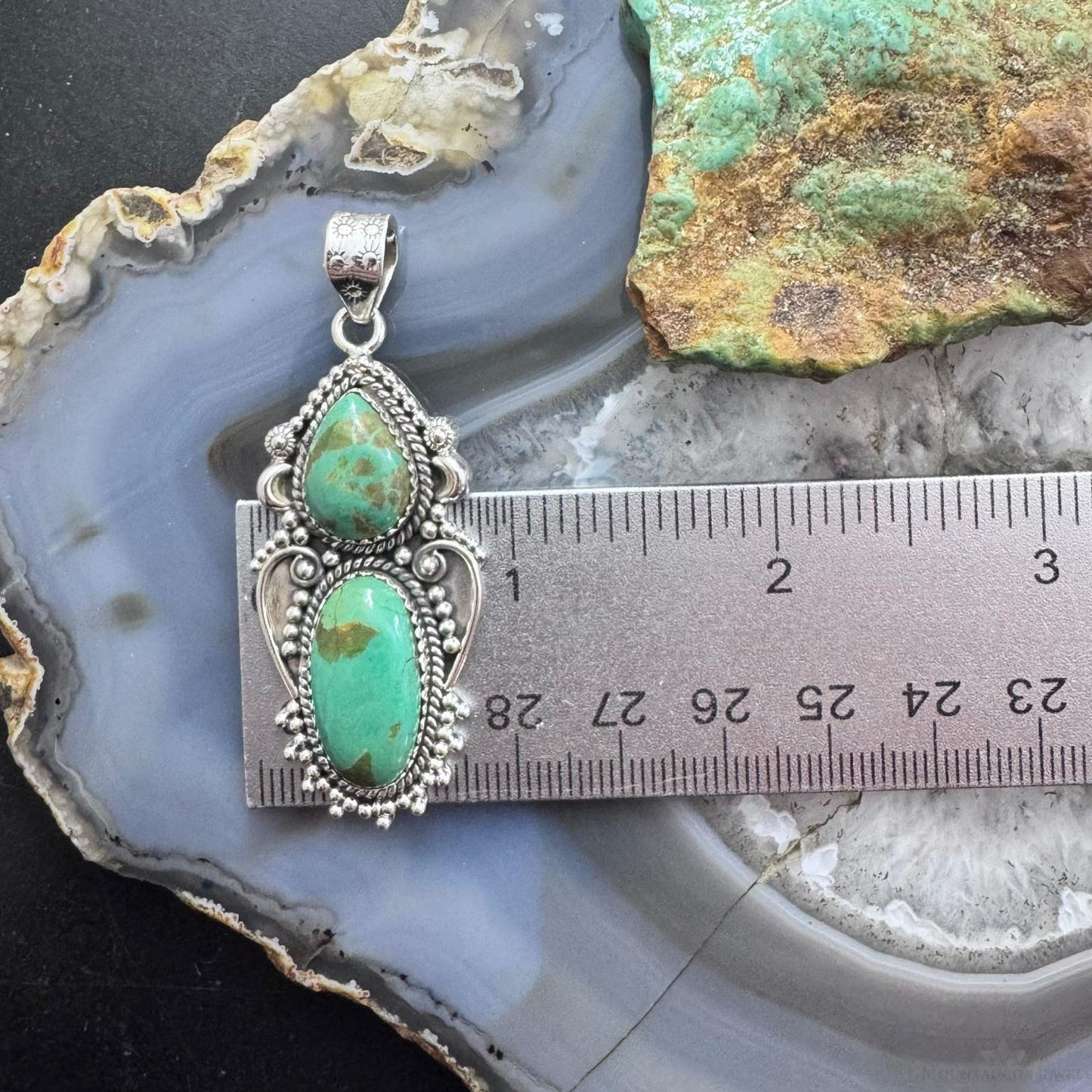 Sterling Silver Southwestern Style Long Turquoise Decorated Pendant For Women