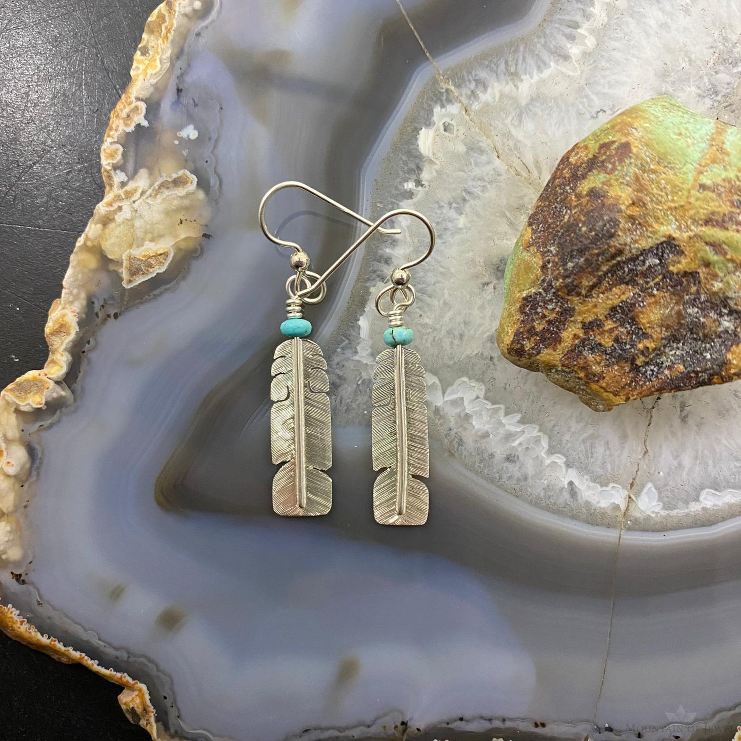 David Kuticka Native American Sterling Silver Feather w/Turq Dangle Earrings #2