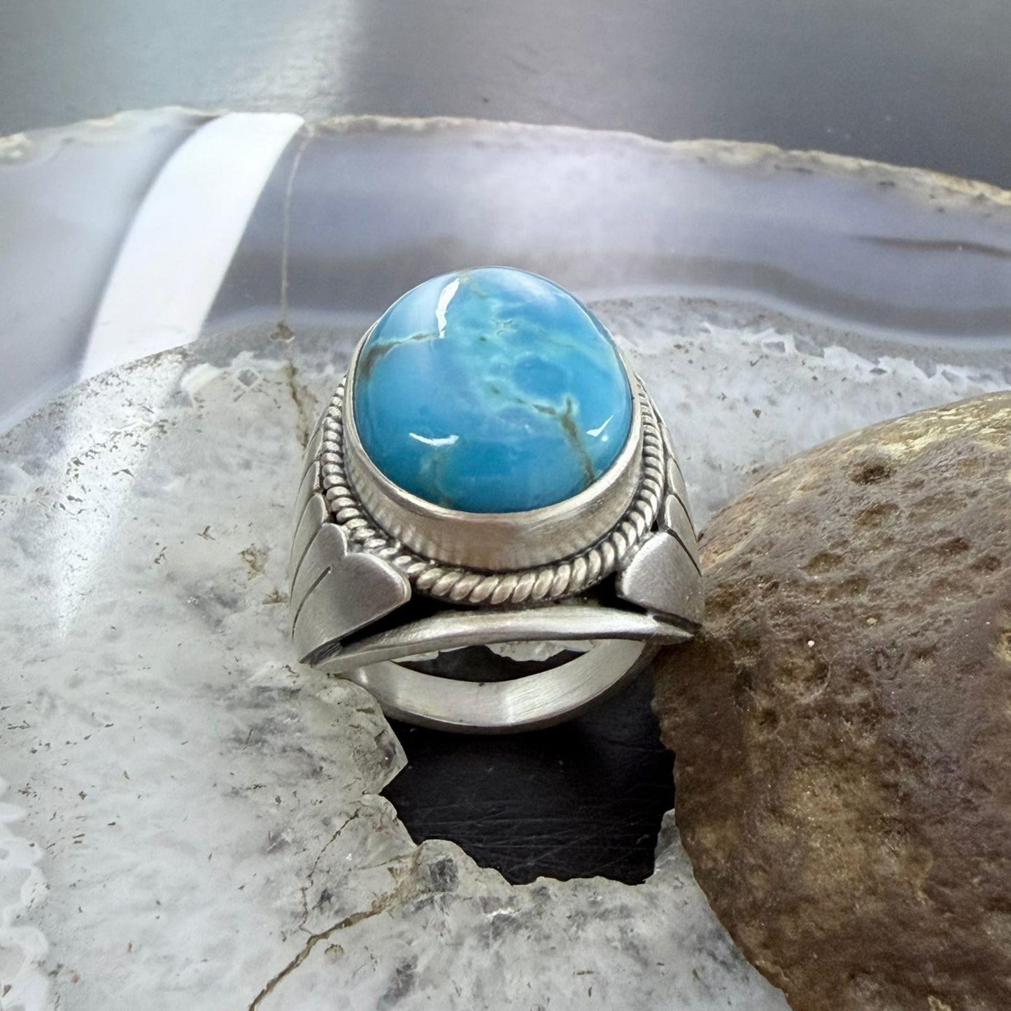 Native American Sterling Silver Oval Kingman Turquoise Shield Ring Size 11.25 For Men