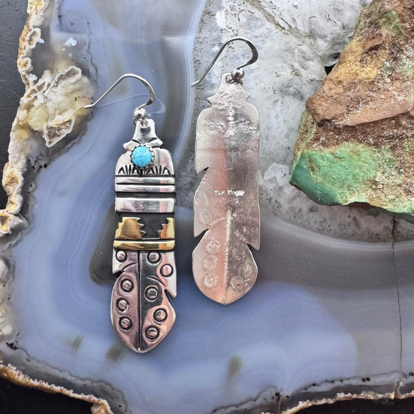 Tommy & Rosita Singer Sterling Silver & Gold Filled Turquoise Feather Dangle Earrings For Women