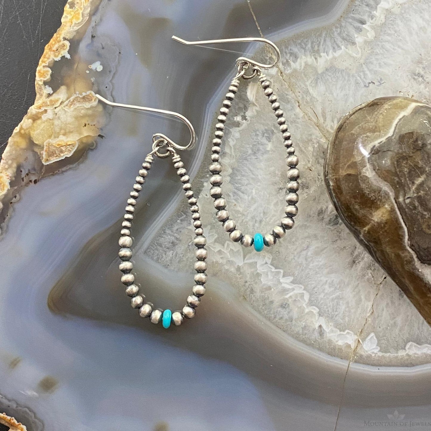 Graduated Navajo Pearl Beads & Turquoise Sterling Silver Dangle Earrings