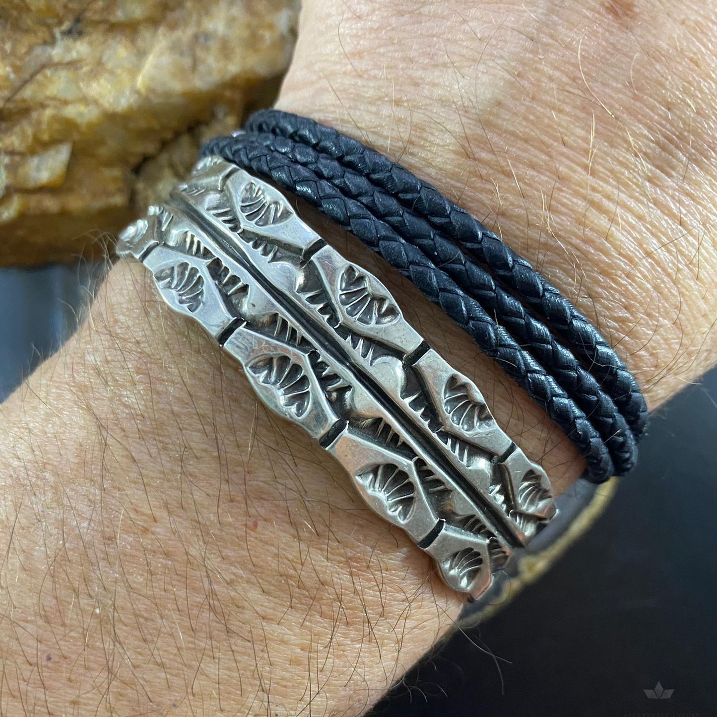 Signed Frank Native American Sterling Silver Stamped Bracelet For Men