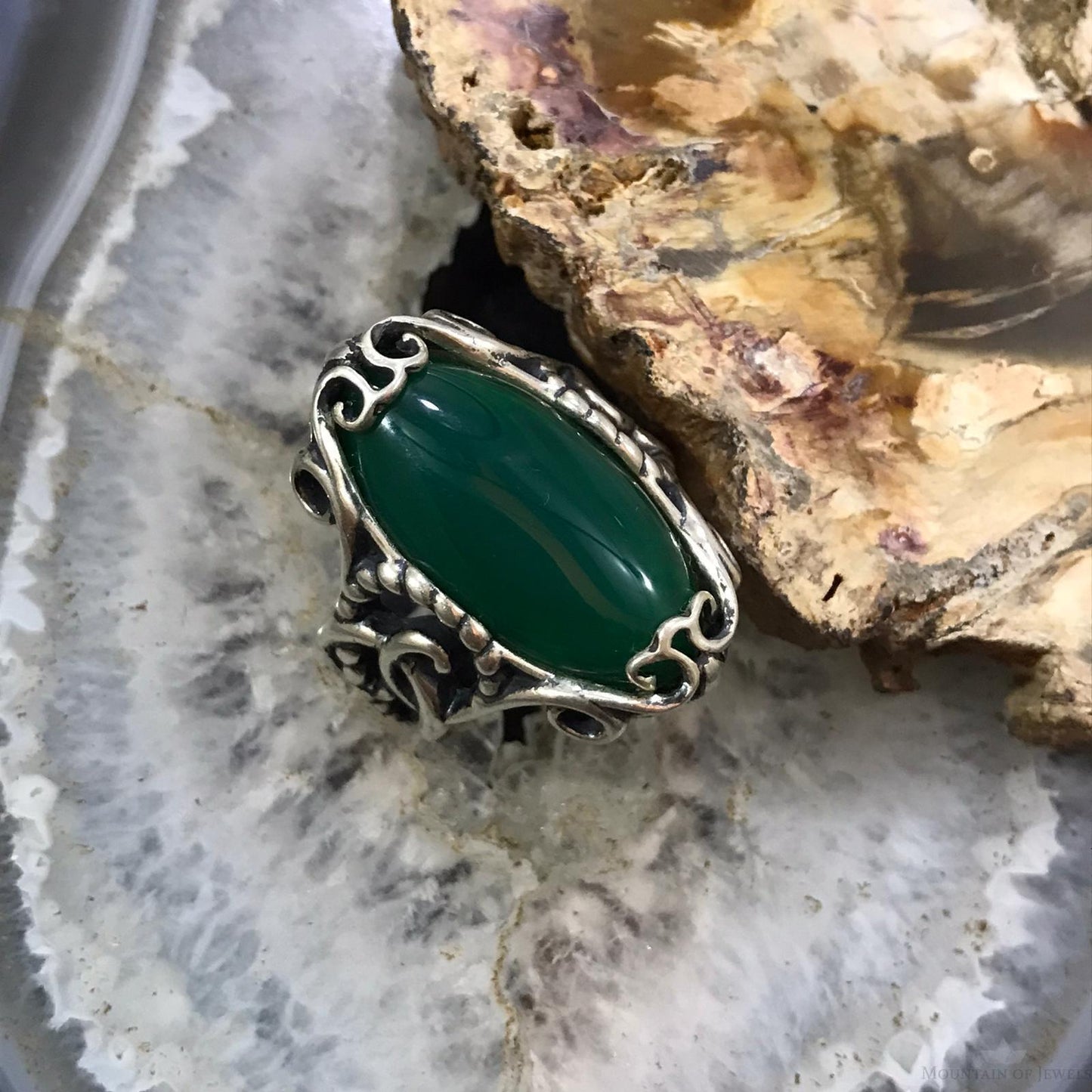 Carolyn Pollack Sterling Silver Oval Green Chalcedony Decorated Ring Size 9 For Women