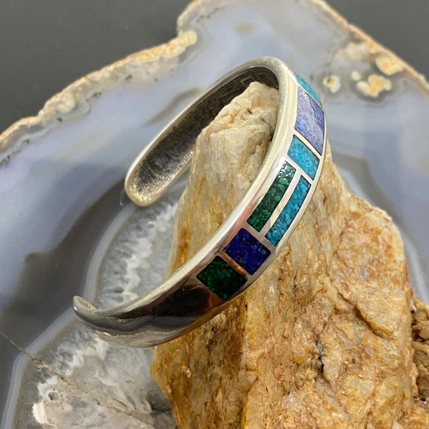 Vintage Sterling Silver Turquoise & Lapis Chip Inlay Fashion Bracelet For Women
