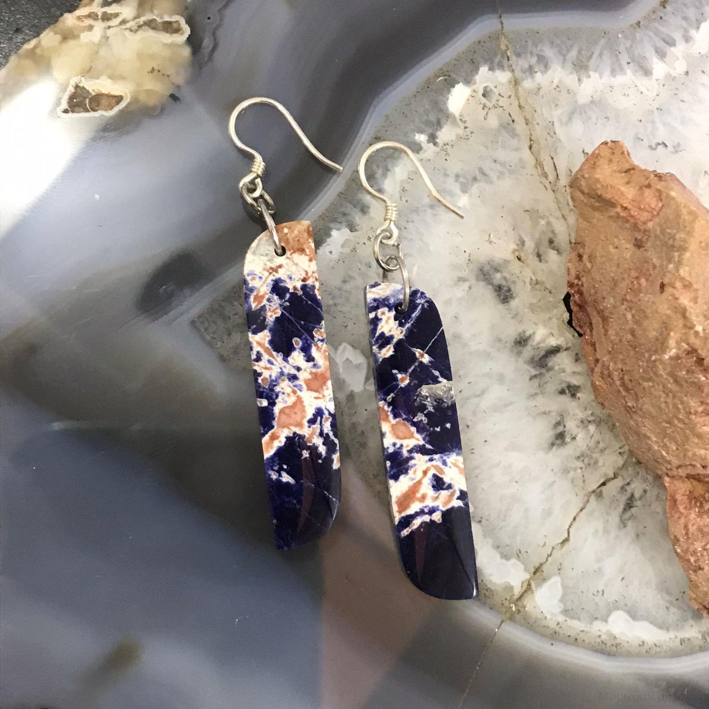 Sterling Silver Elongated Tilde Shape Blue Sodalite Slab Dangle Earrings For Women #217