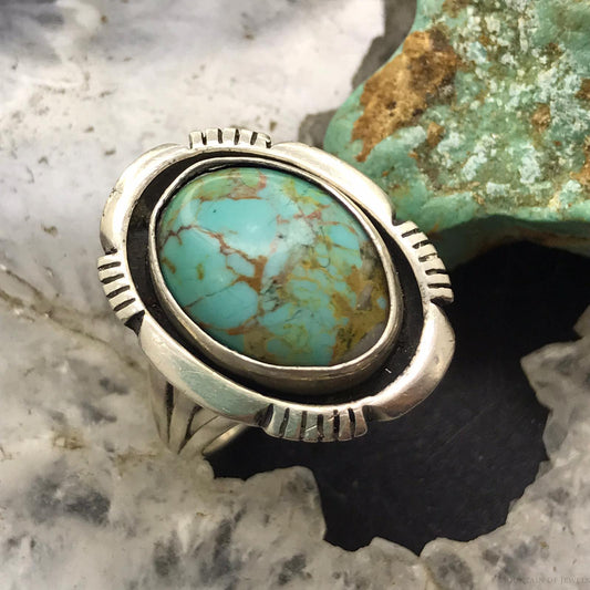 Vintage Native American Sterling Silver Oval Turquoise Ring Size 7.5 For Women