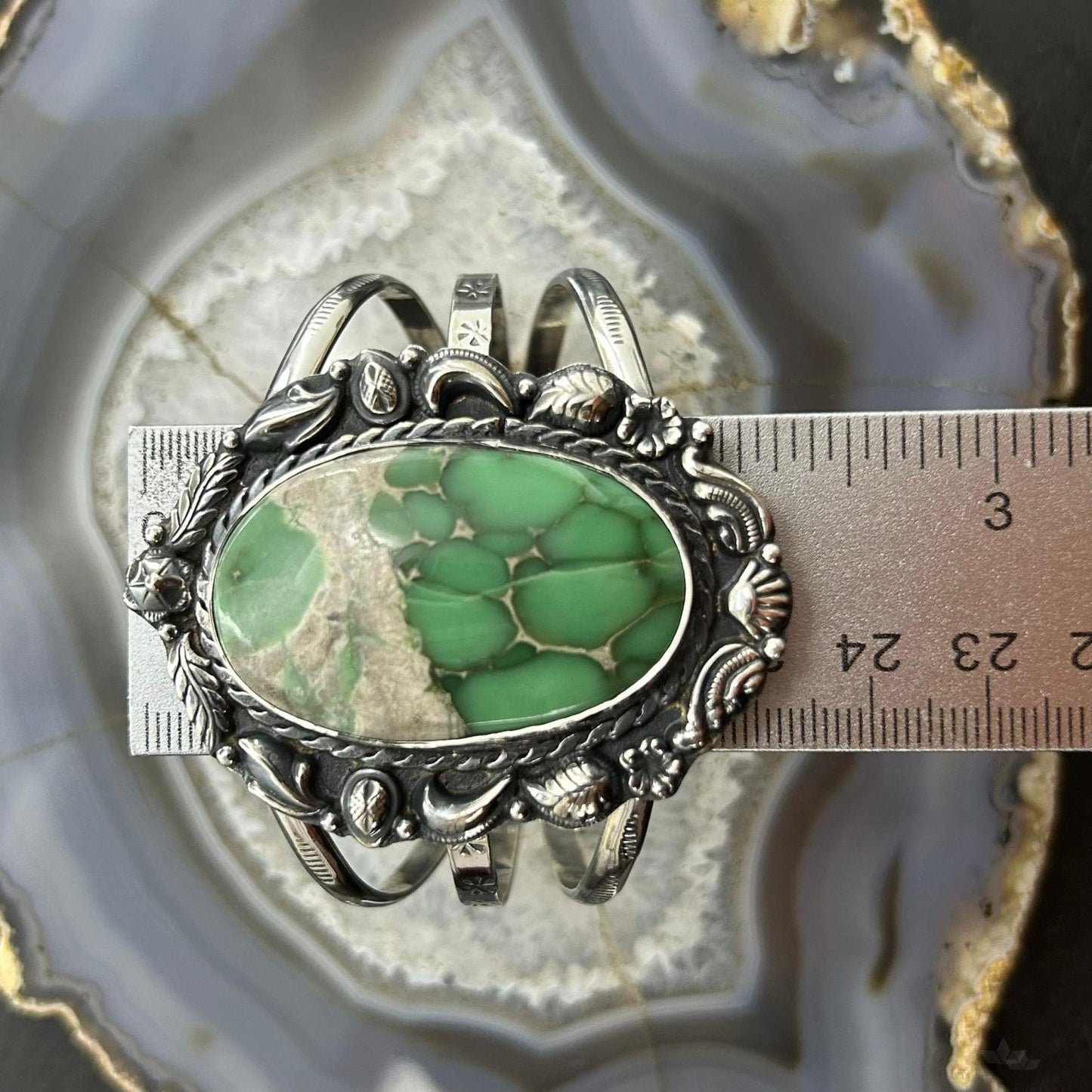 Sterling Silver Southwestern Style Large Oval Variscite Decorated Bracelet For Women #1