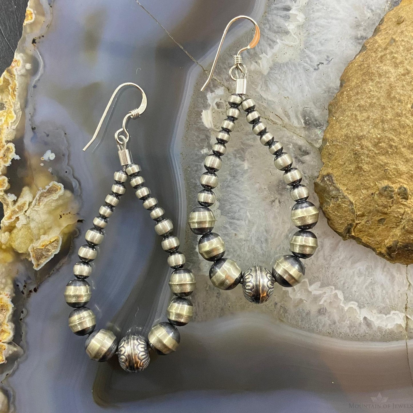 Navajo Pearl Bead Graduated 3-7 mm Sterling Hoop Dangle Earrings For Women