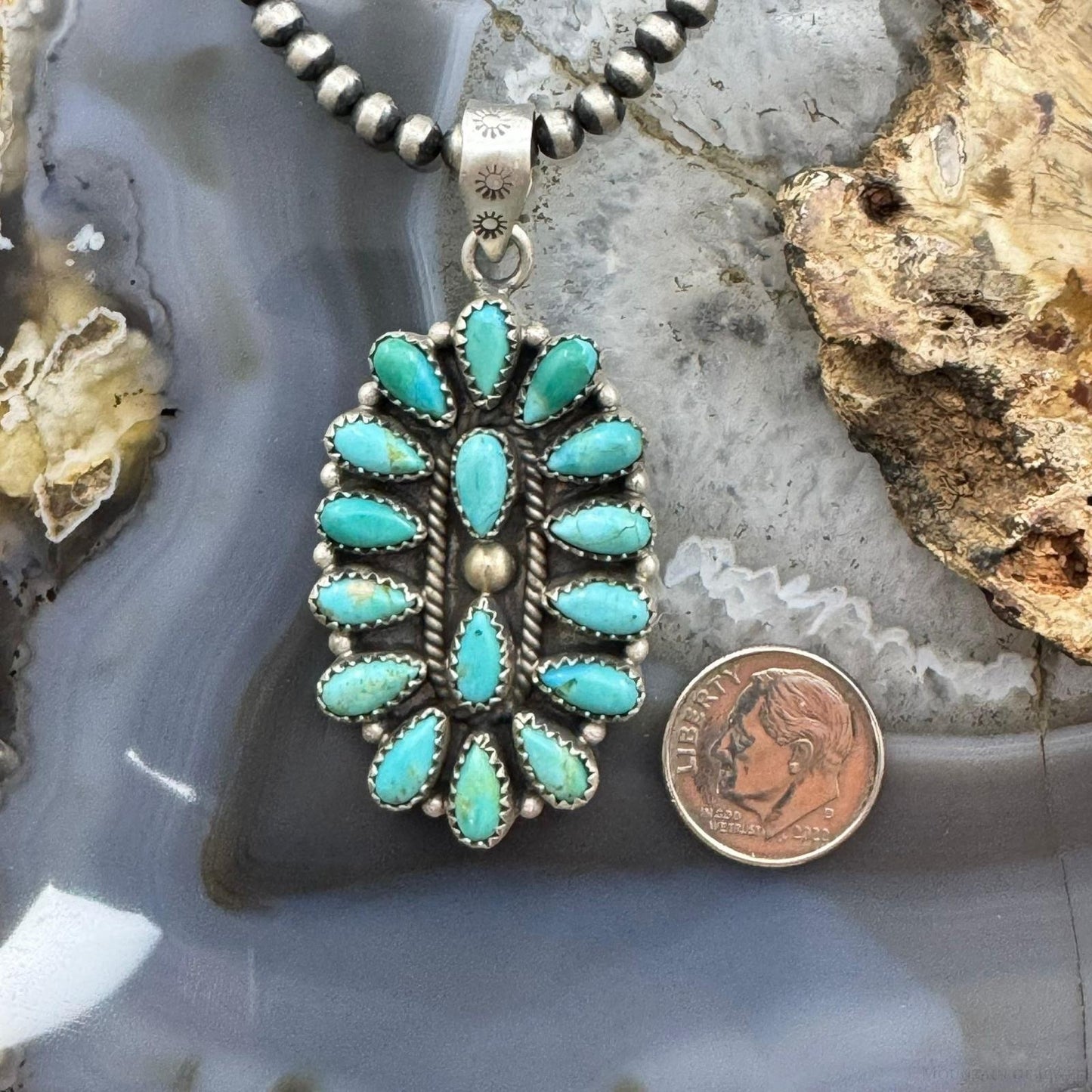 Sterling Silver Southwestern Style Turquoise Decorated Cluster Pendant For Women