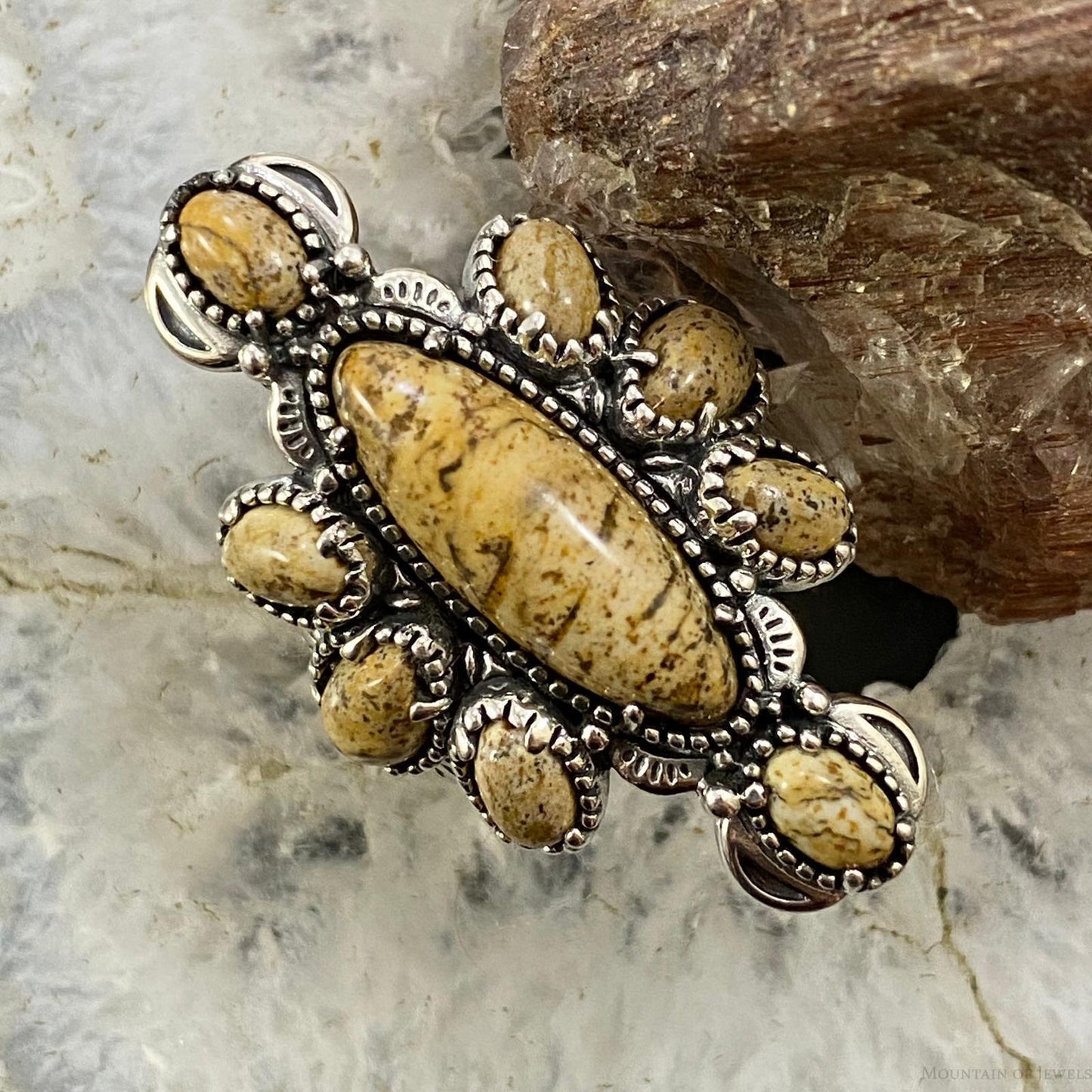Carolyn Pollack Southwestern Style Sterling Silver Picture Jasper Decorated Cluster Ring 5.5 & 6.5 For Women