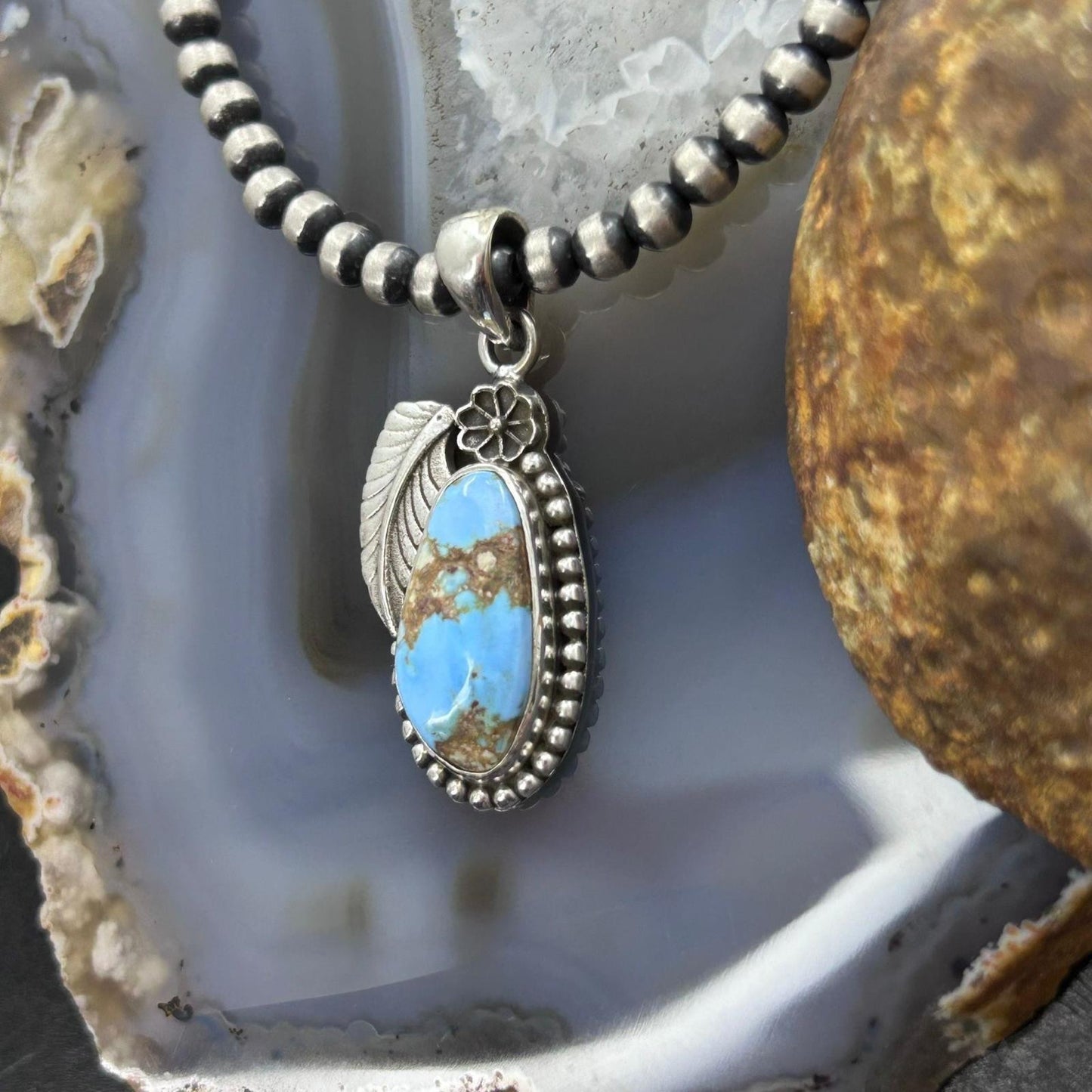 Sterling Silver Southwestern Style Golden Hill Turquoise Leaves Pendant For Women #4