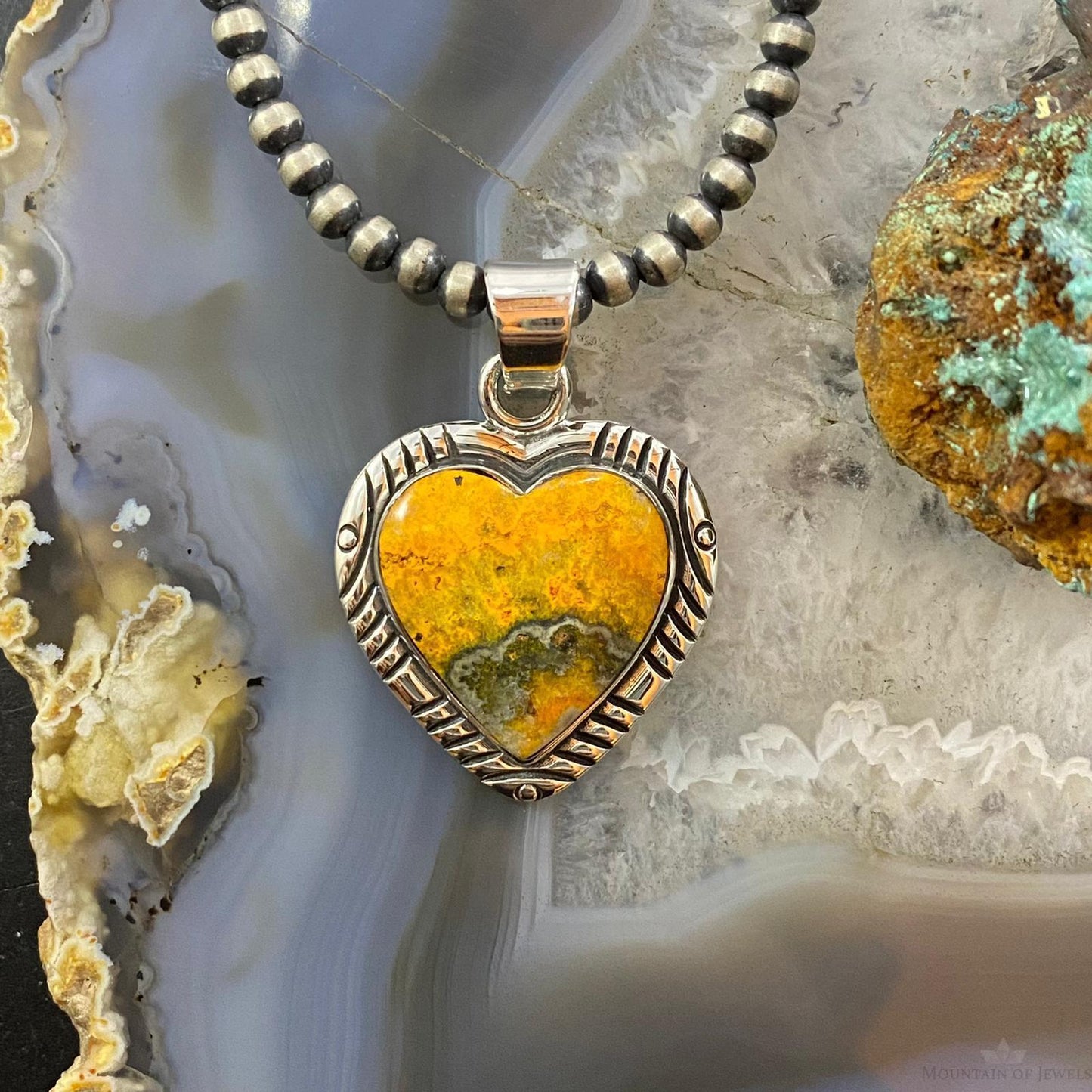 Native American Sterling Silver Heart Shape Bumblebee Jasper Pendant For Women