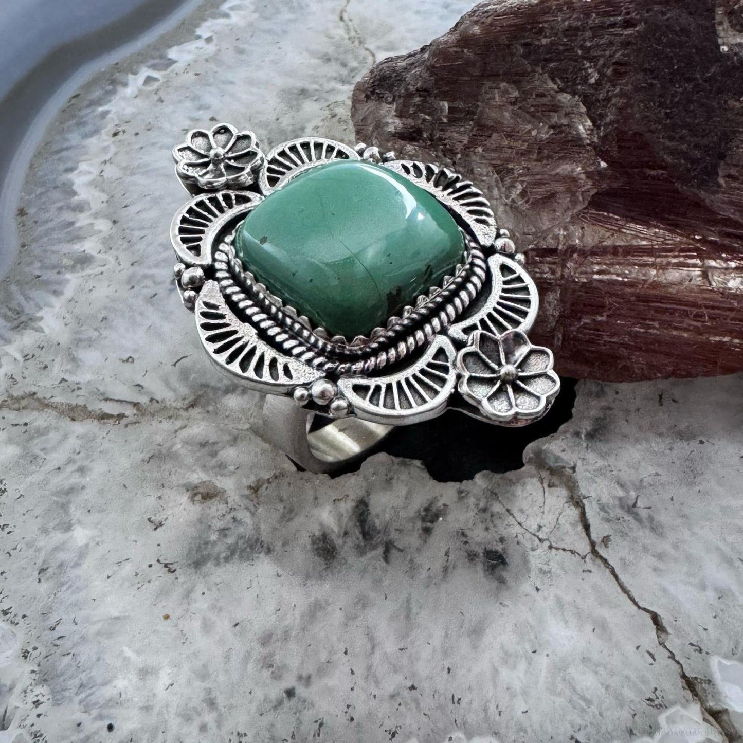 Sterling Silver Southwestern Style Square Green Turquoise Adjustable Decorated Ring For Women