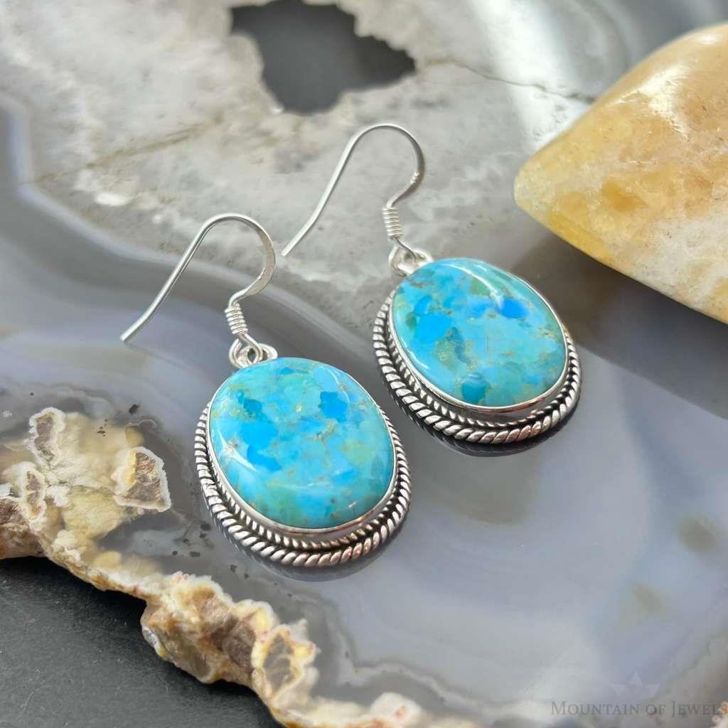 Sterling Silver Southwestern Style Oval Mojave Turquoise Dangle Earrings For Women