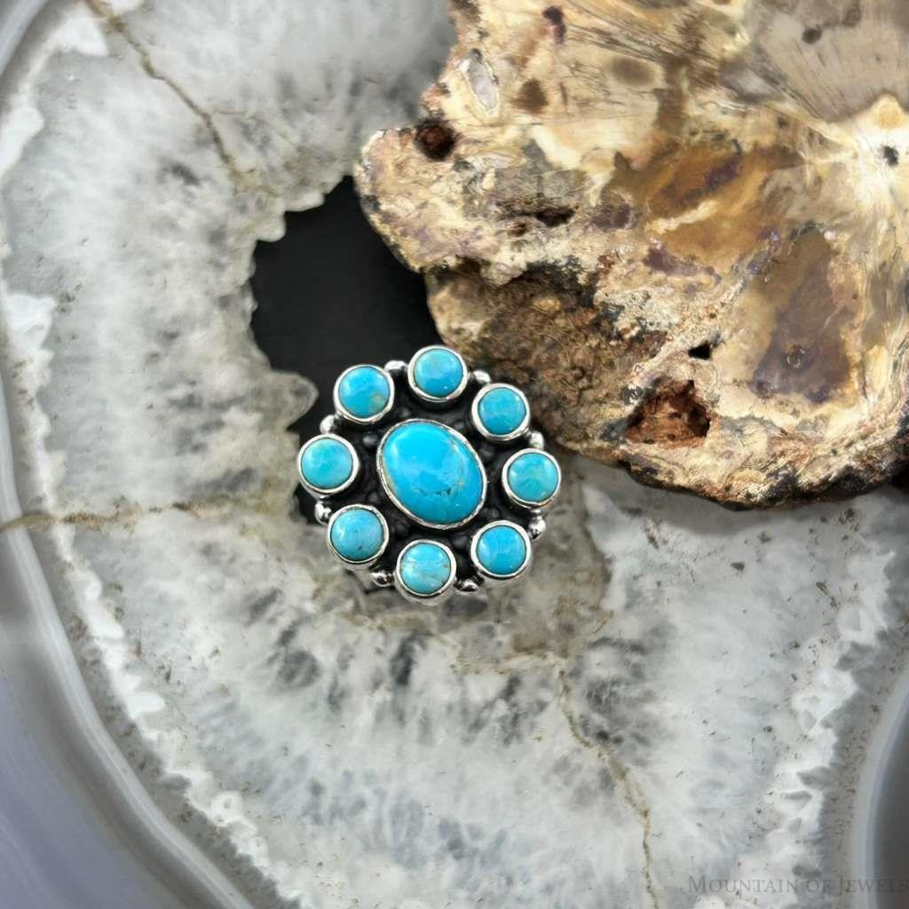 Sterling Silver Southwestern Style Mohave Turquoise Cluster Ring Size 7 For Women
