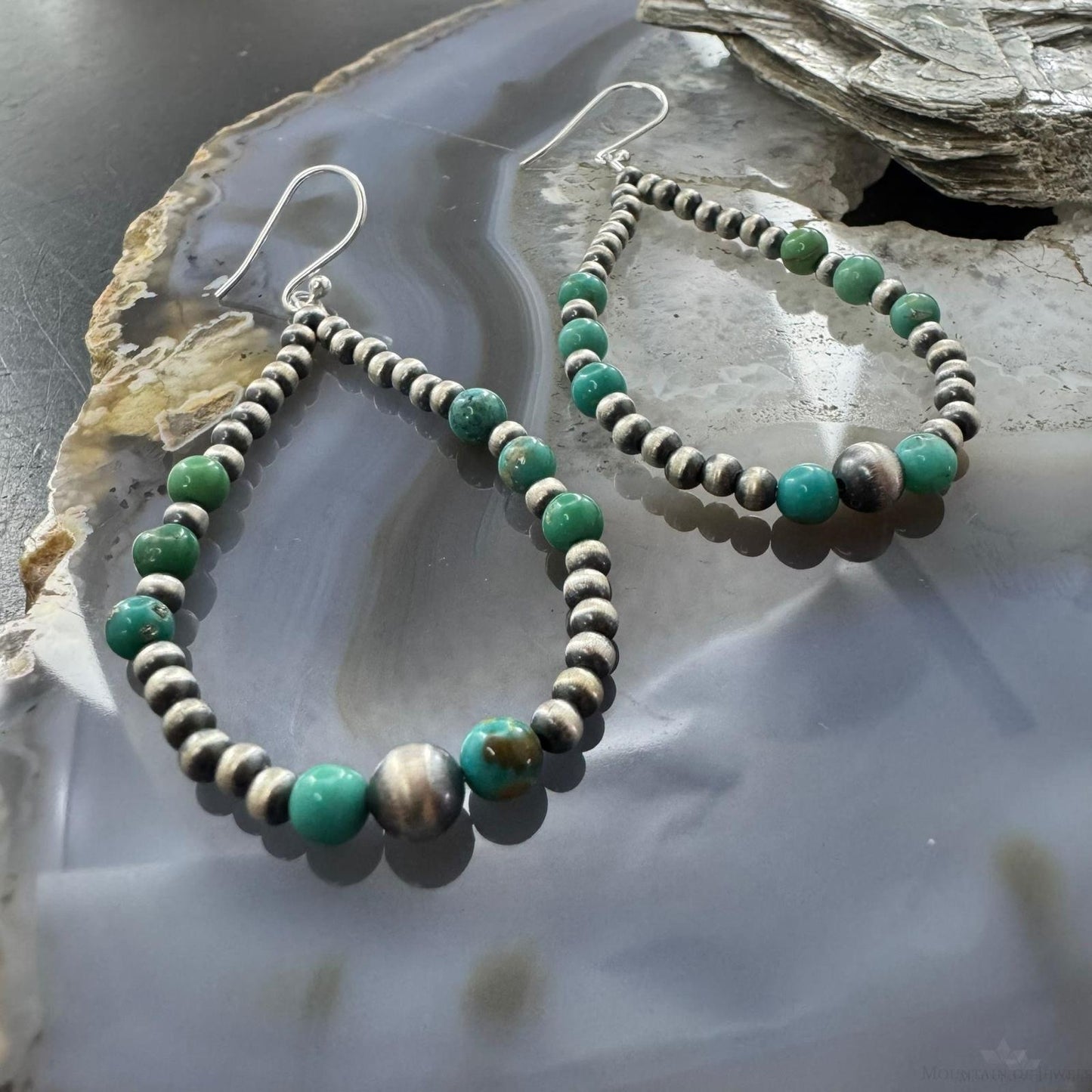 Sterling Silver 3-5mm Navajo Pearl Southwester Style & 4.5mm Turquoise Bead Hoop Earrings For Women
