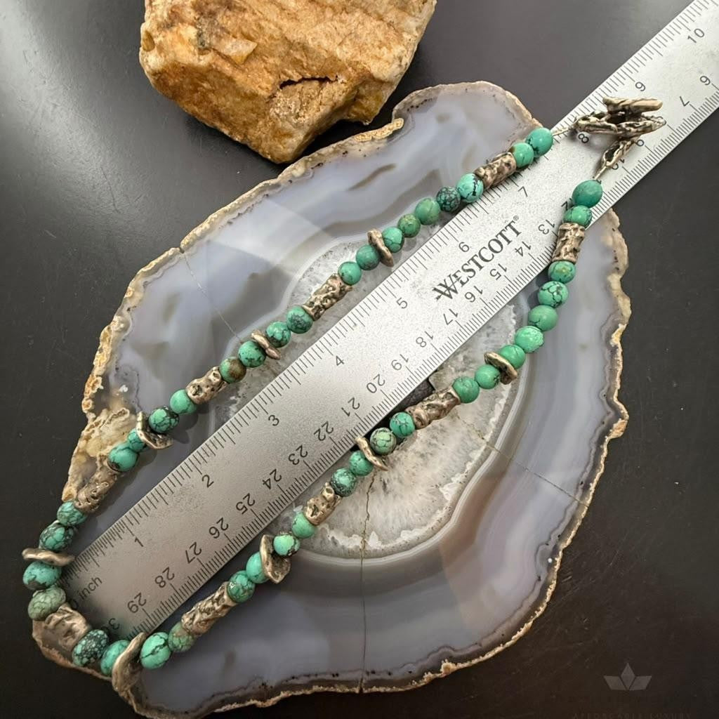 Vintage Southwestern Turquoise Beads&Chunky Silver Beads 17" Necklace For Women