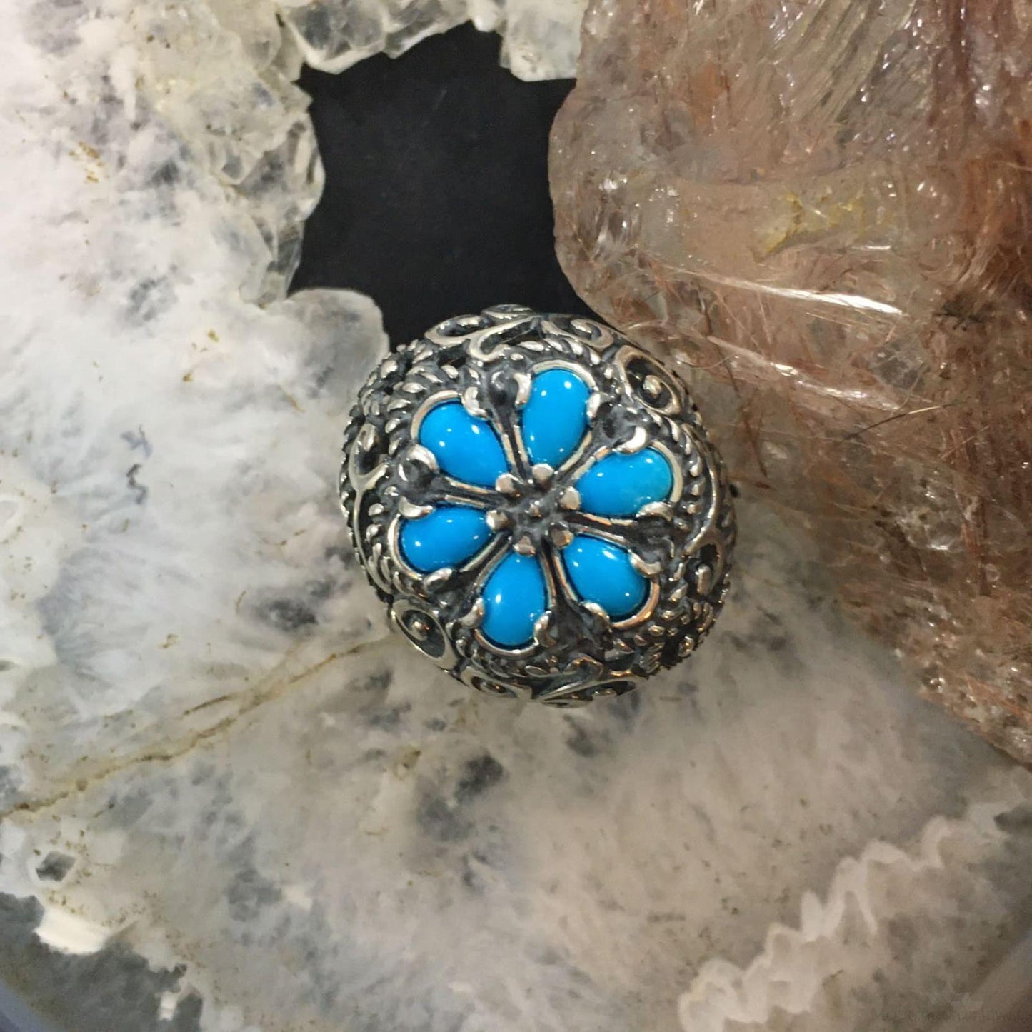 Carolyn Pollack Southwestern Style Sterling Silver 6 Turquoise Flower Ring For Women