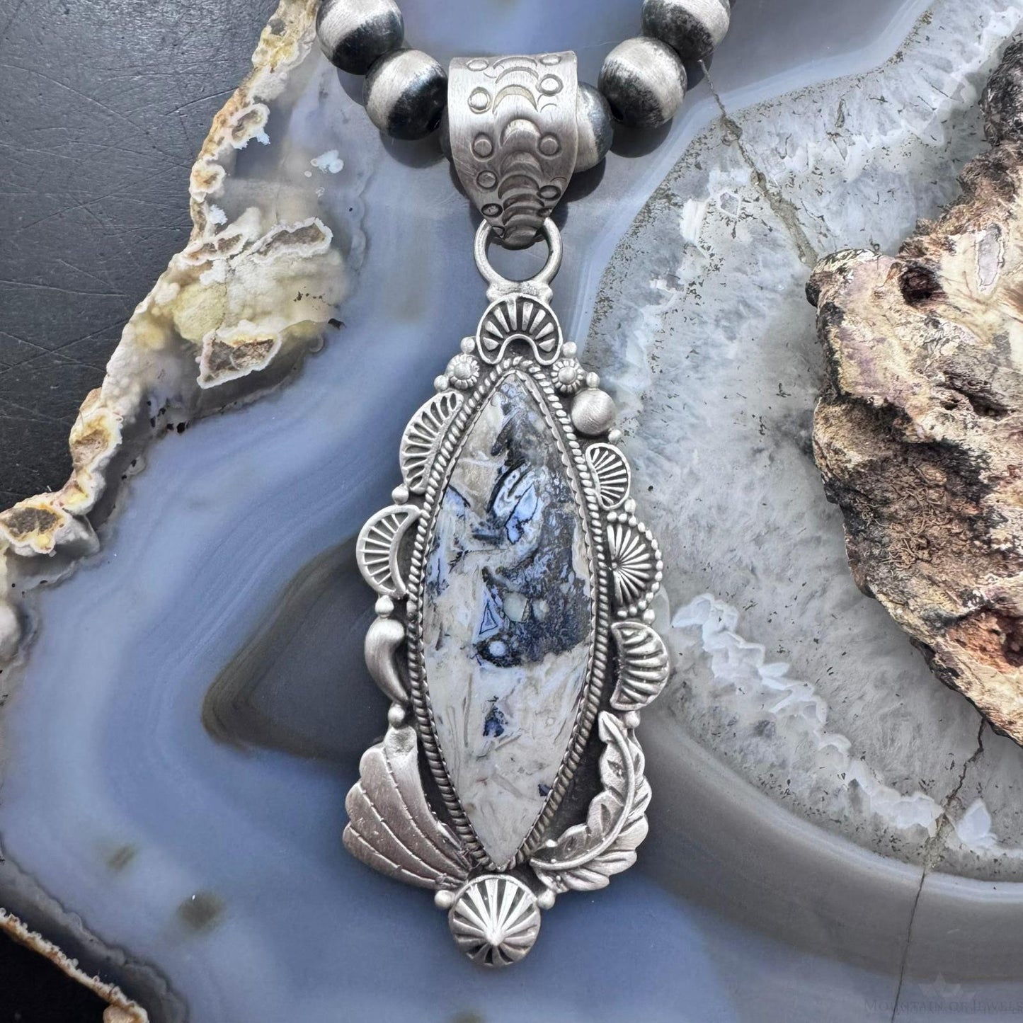 Sterling Silver Southwestern Style Elongated Marquise Dendritic Agate Decorated Pendant For Women
