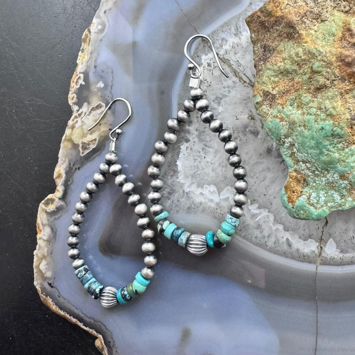Sterling Silver Southwestern Style Navajo Pearl & Turquoise Bead Hoop Earrings For Women