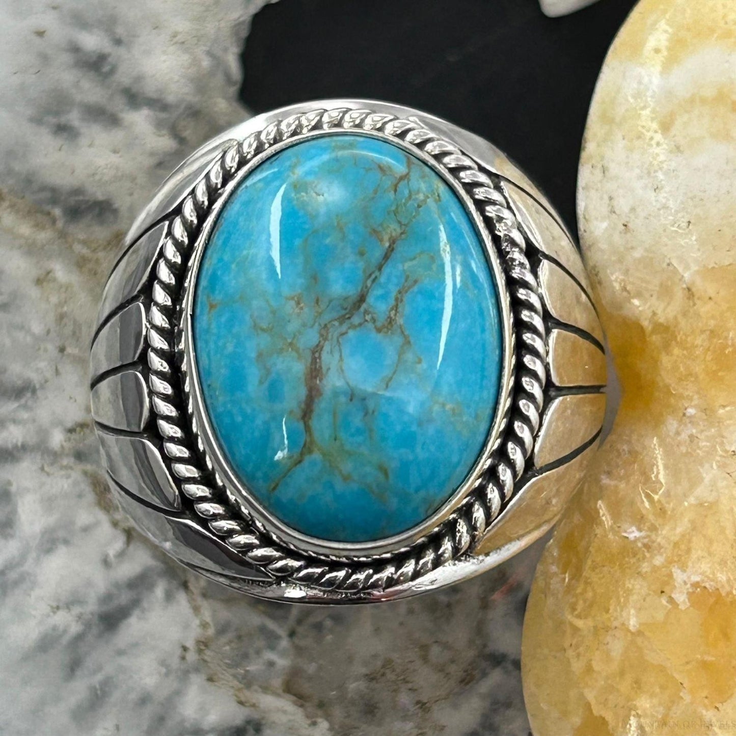 Native American Sterling Silver Oval Turquoise Shield Ring Size 10.75 For Men