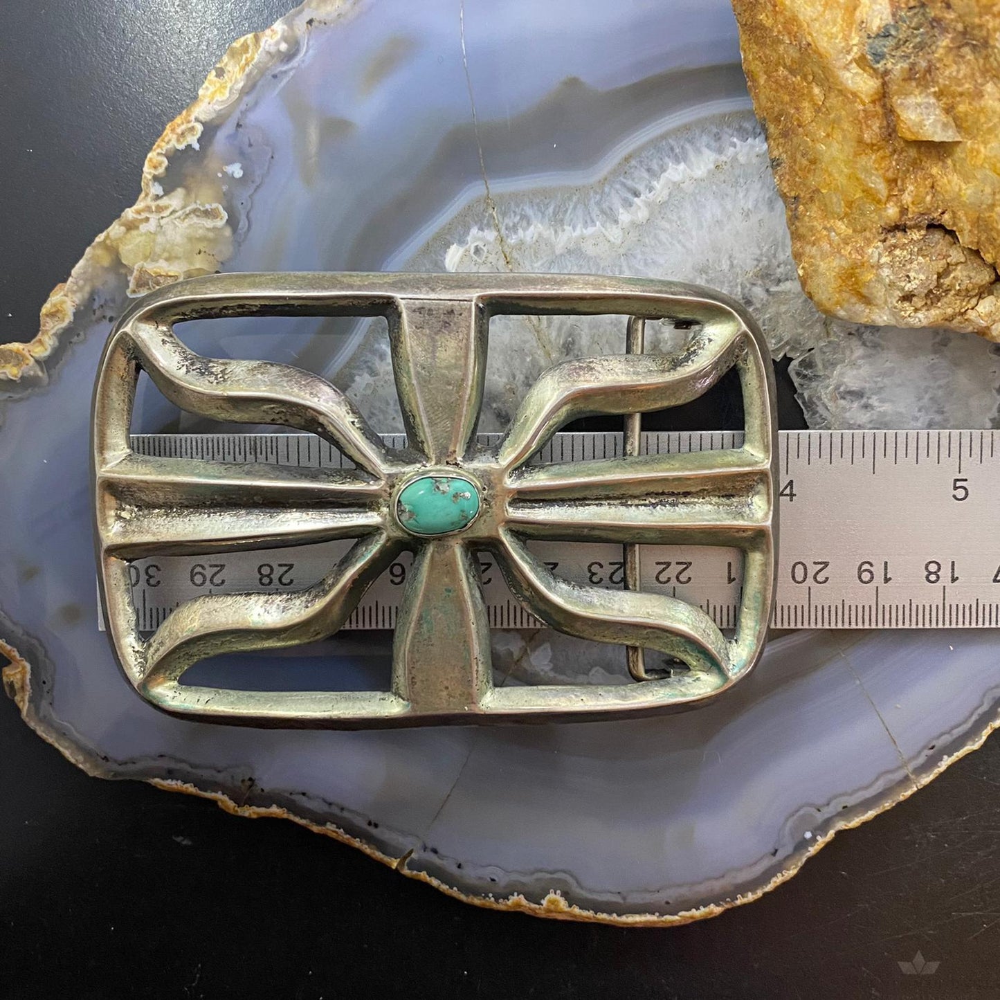 Vintage Native American Silver Sandcast Oval Turquoise Large Belt Buckle For Men