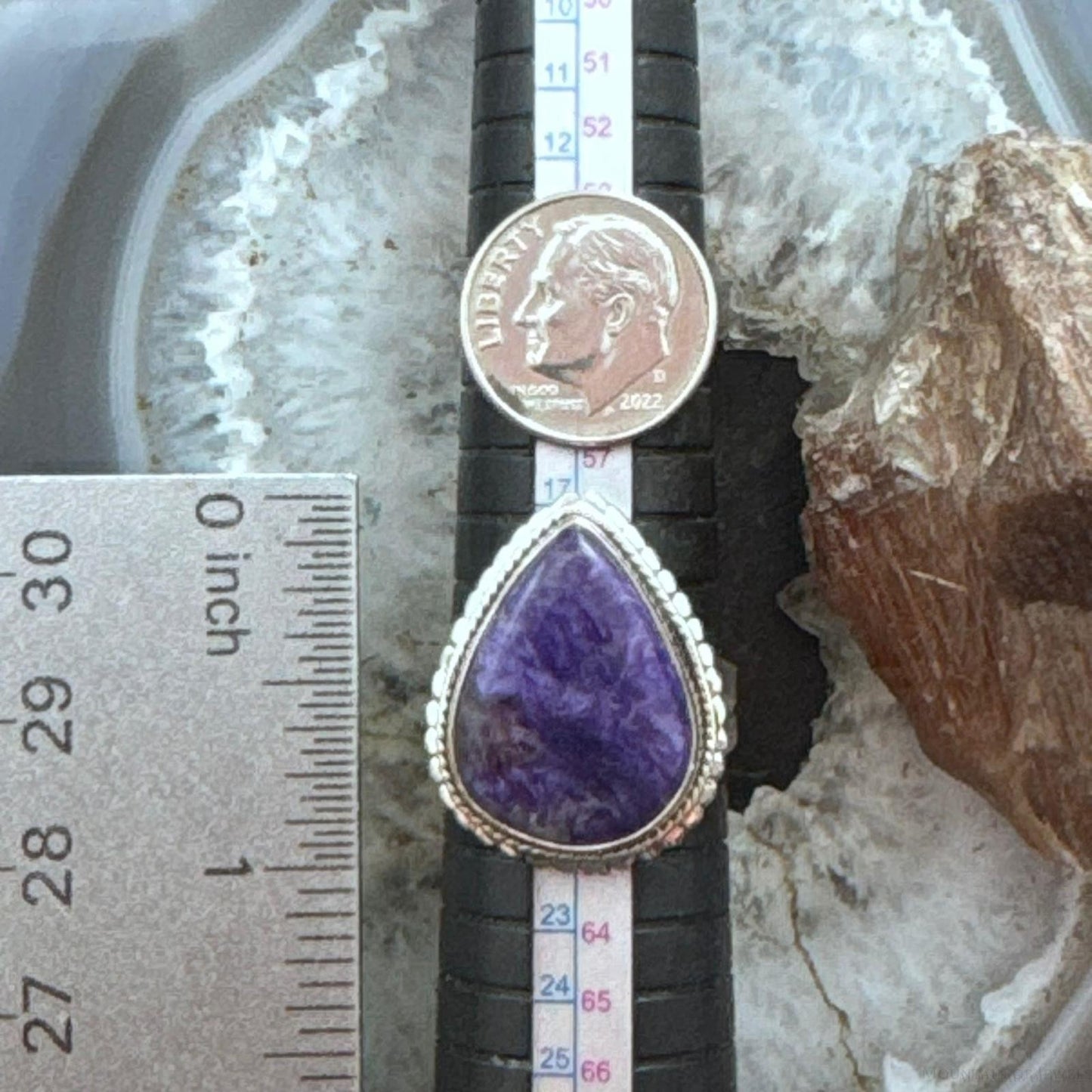 Sterling Silver Southwestern Style Teardrop Charoite Decorated Ring Size 9.5 For Women