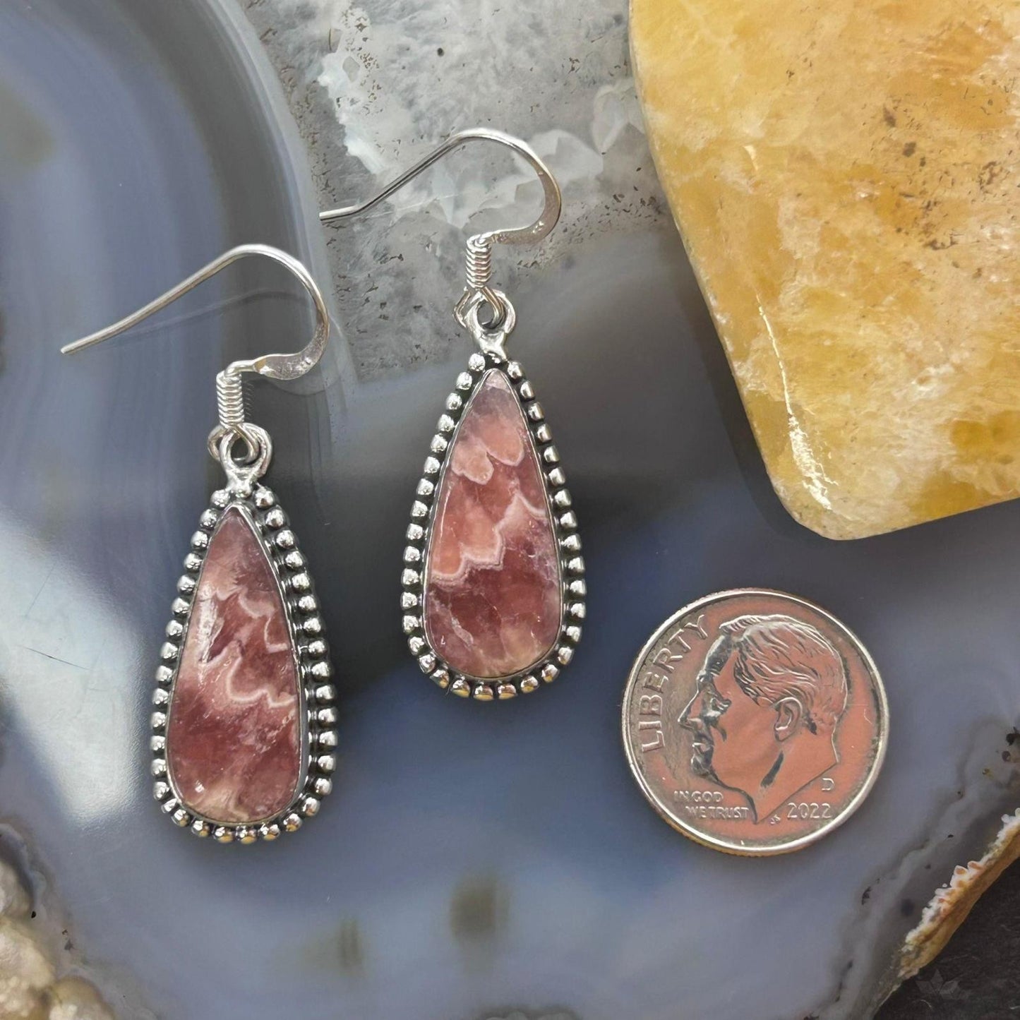 Sterling Silver Southwestern Style Teardrop Rhodochrosite Dangle Earrings For Women