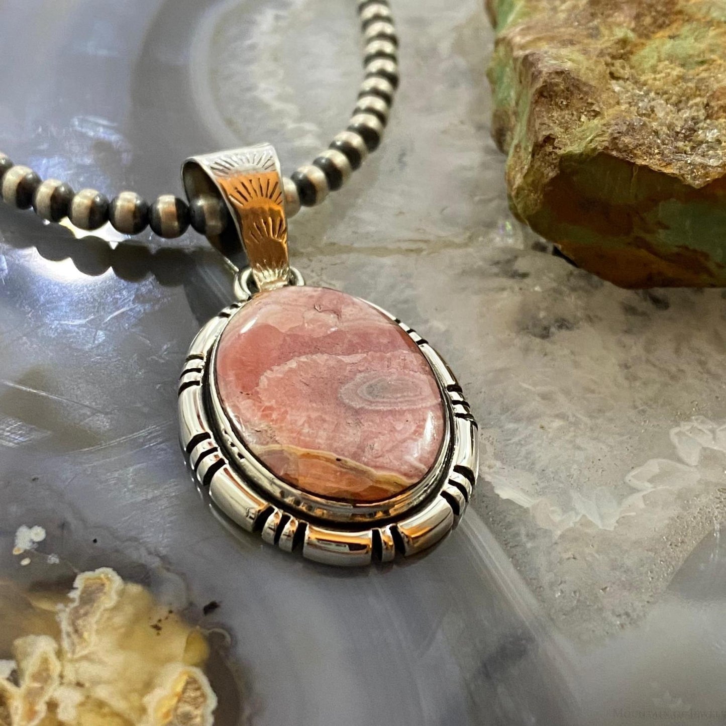 Native American Sterling Silver Oval Rhodochrosite Pendant For Women