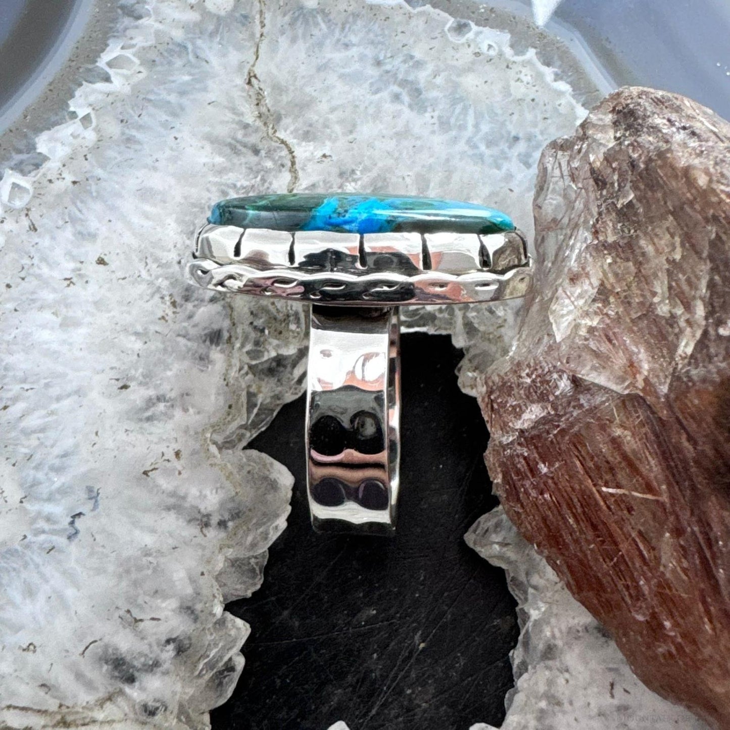 Sterling Silver Southwestern Style Elongated Oval Malachite Azurite Ring Size 9.5 For Women