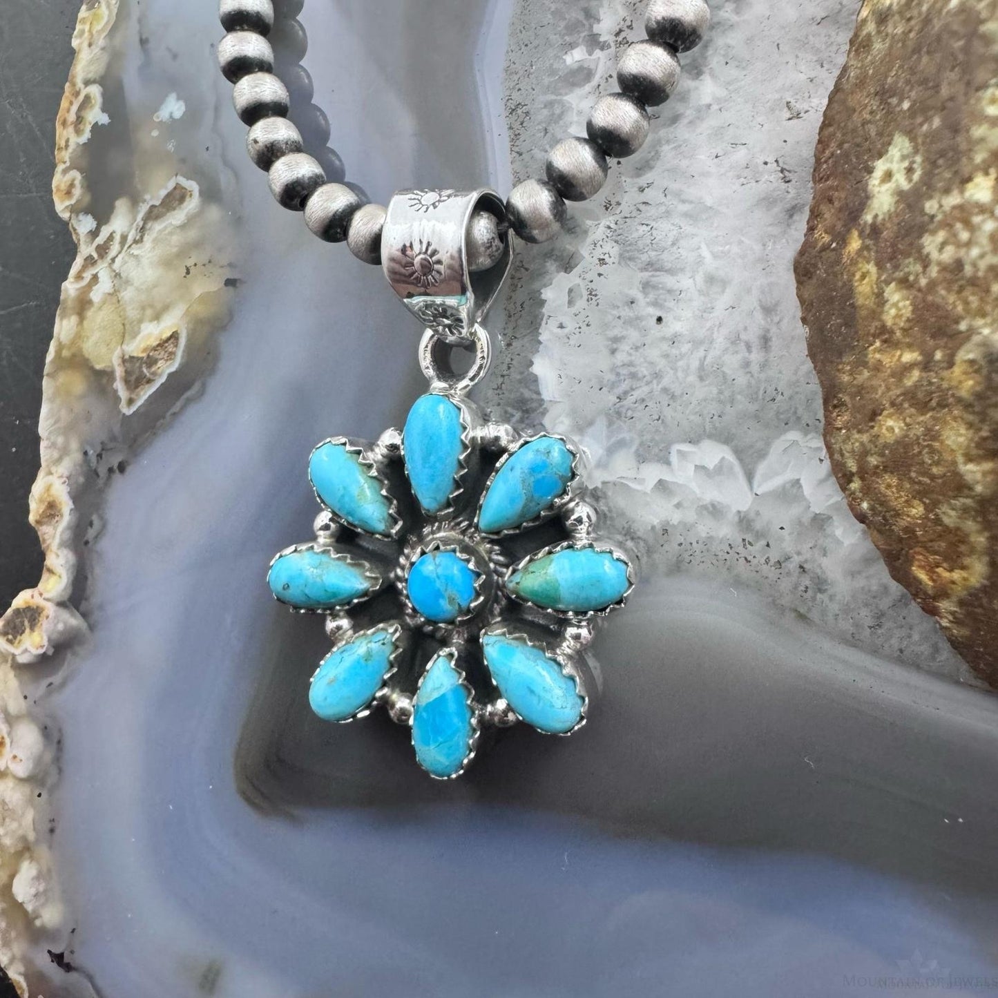 Sterling Silver Southwestern Style Turquoise Decorated Cluster Pendant For Women