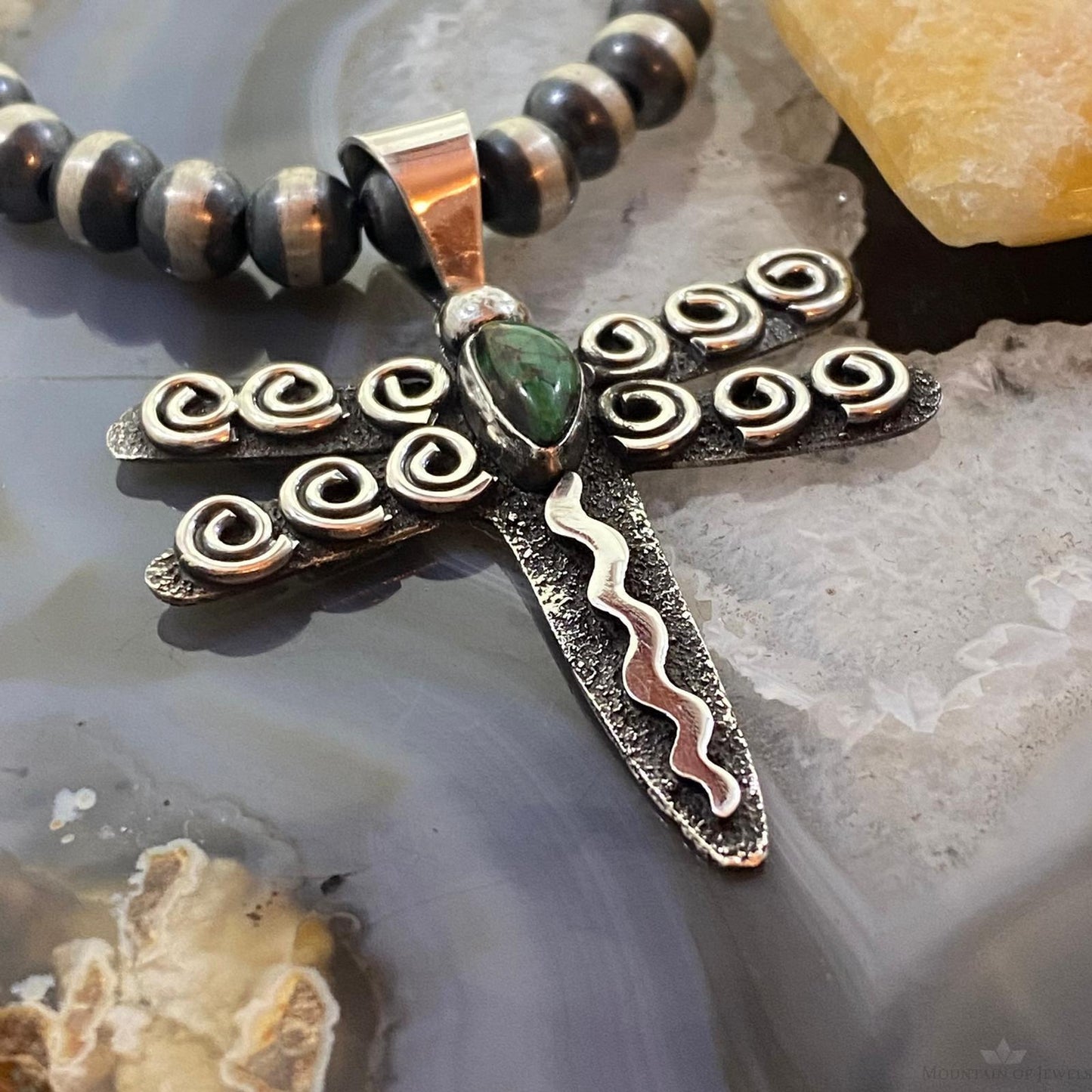 Alex Sanchez Sterling Silver Petroglyph & Turquoise Dragonfly Unisex Pendant #2