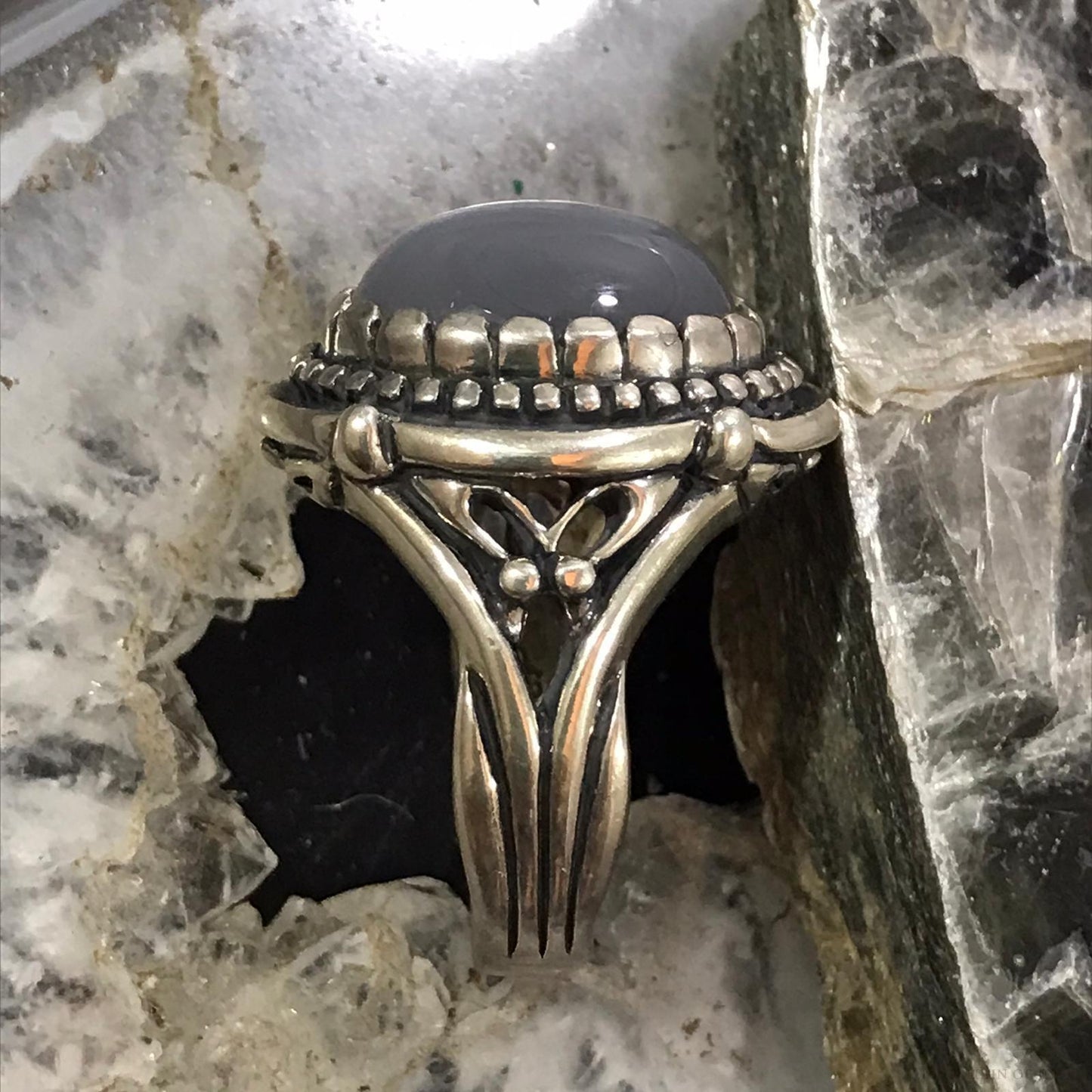 Carolyn Pollack Sterling Silver Oval Gray Agate Decorated Ring Size 9 For Women