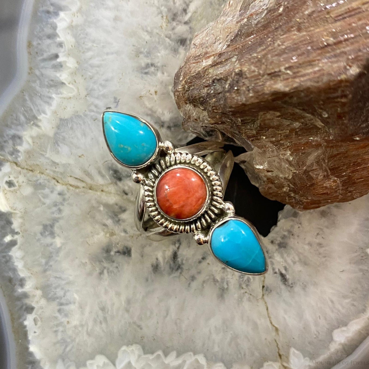 Native American Sterling Round Spiny Oyster Teardrop Kingman Turquoise Size 8.5