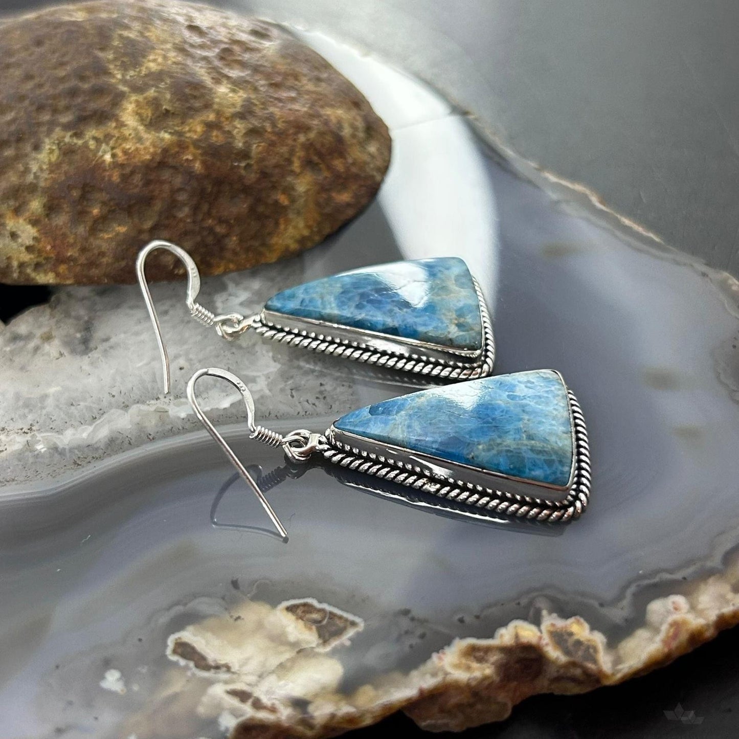 Sterling Silver Southwestern Style Triangle Blue Apatite Dangle Earrings For Women