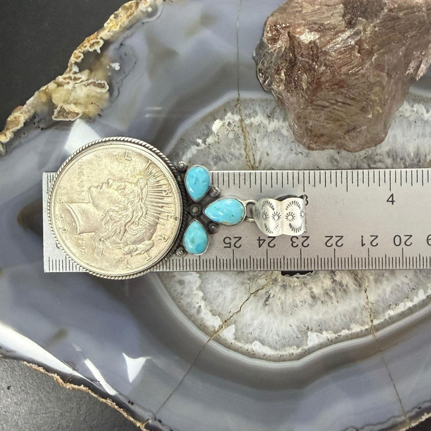 Genuine 1922 90% Peace Silver Dollar Coin Teardrop Turquoise Decorated Pendant