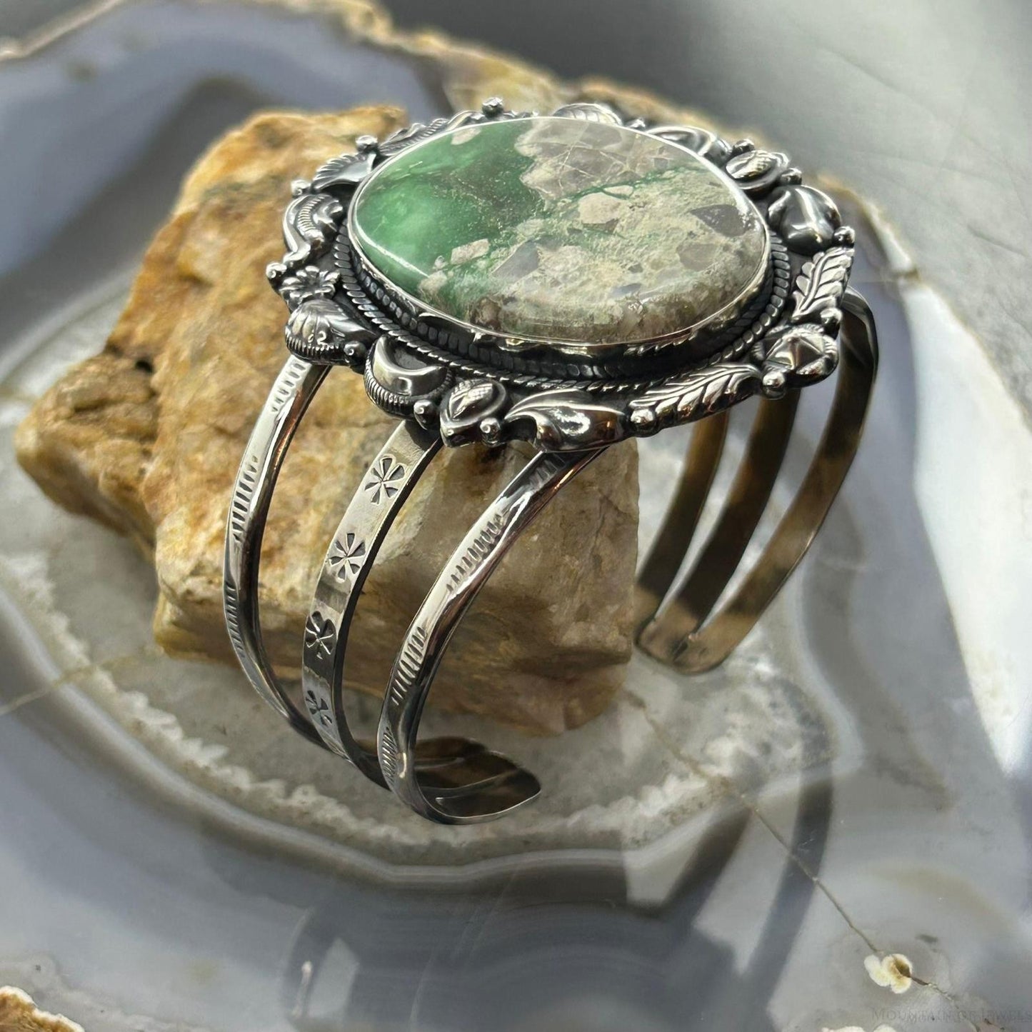 Sterling Silver Southwestern Style Large Oval Variscite Decorated Bracelet For Women