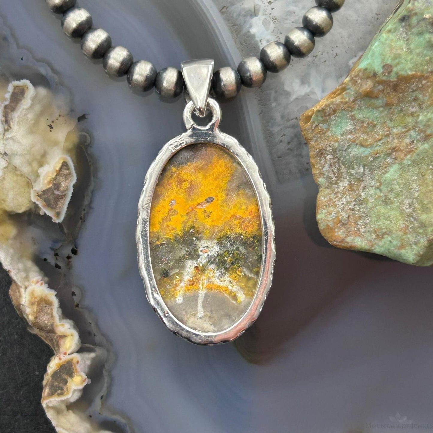 Sterling Silver Southwestern Style Oval Yellow Jasper Pendant For Women
