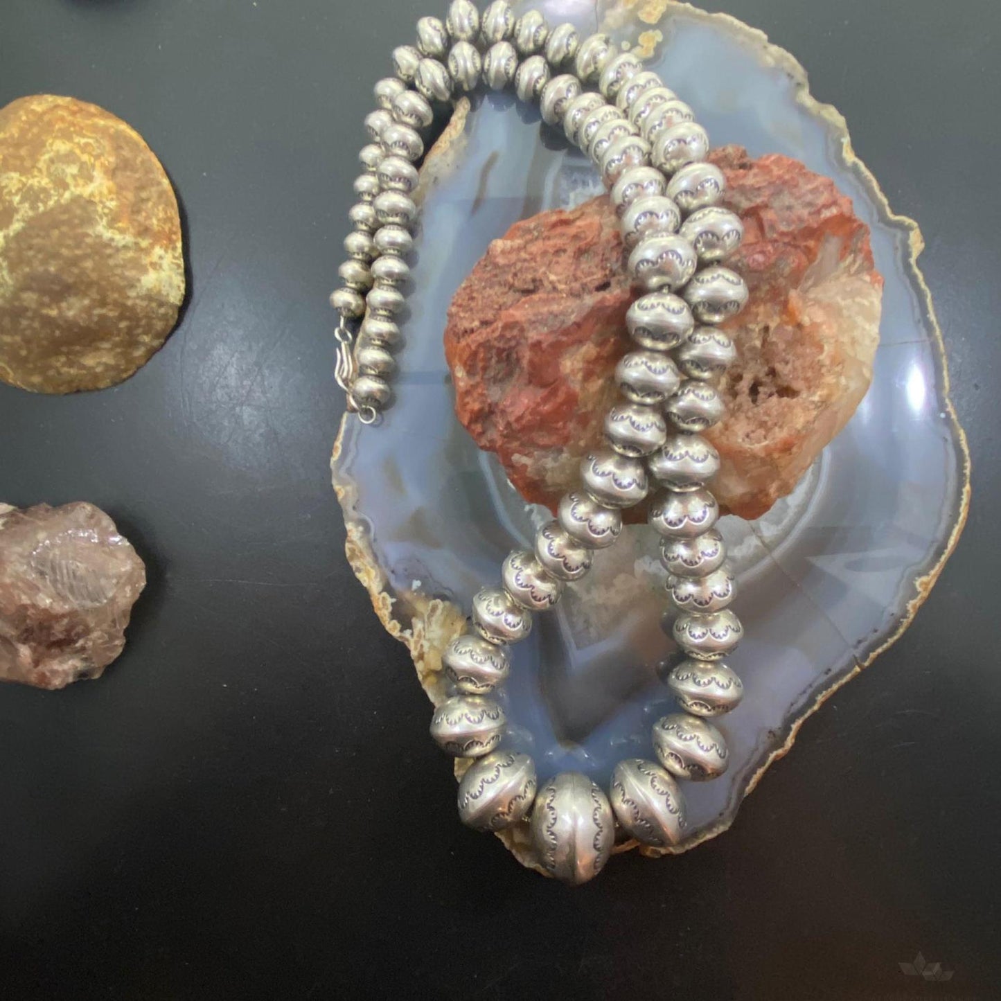 Native American Vintage Graduated Handmade Stamped Navajo Pearl Beads Necklace