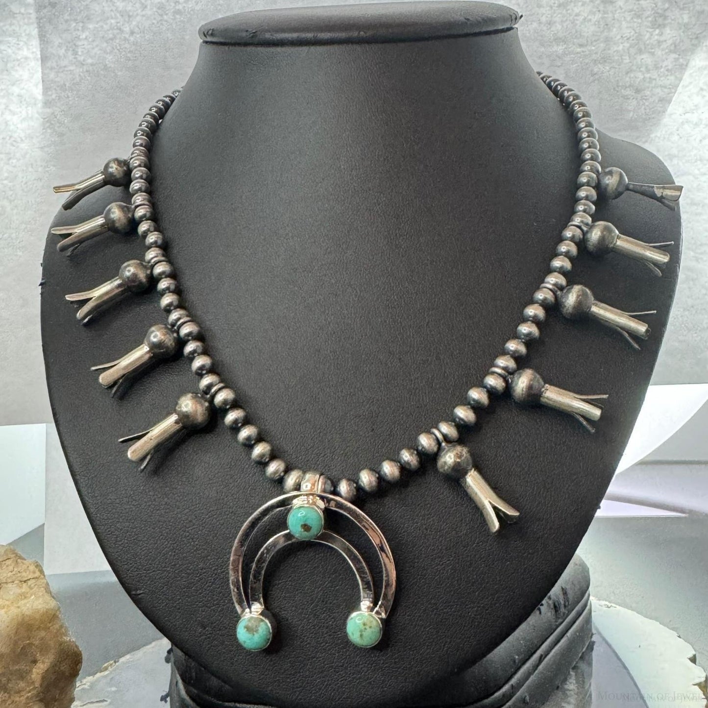Sterling Silver Southwestern Style Turquoise Squash Blossom Necklace For Women