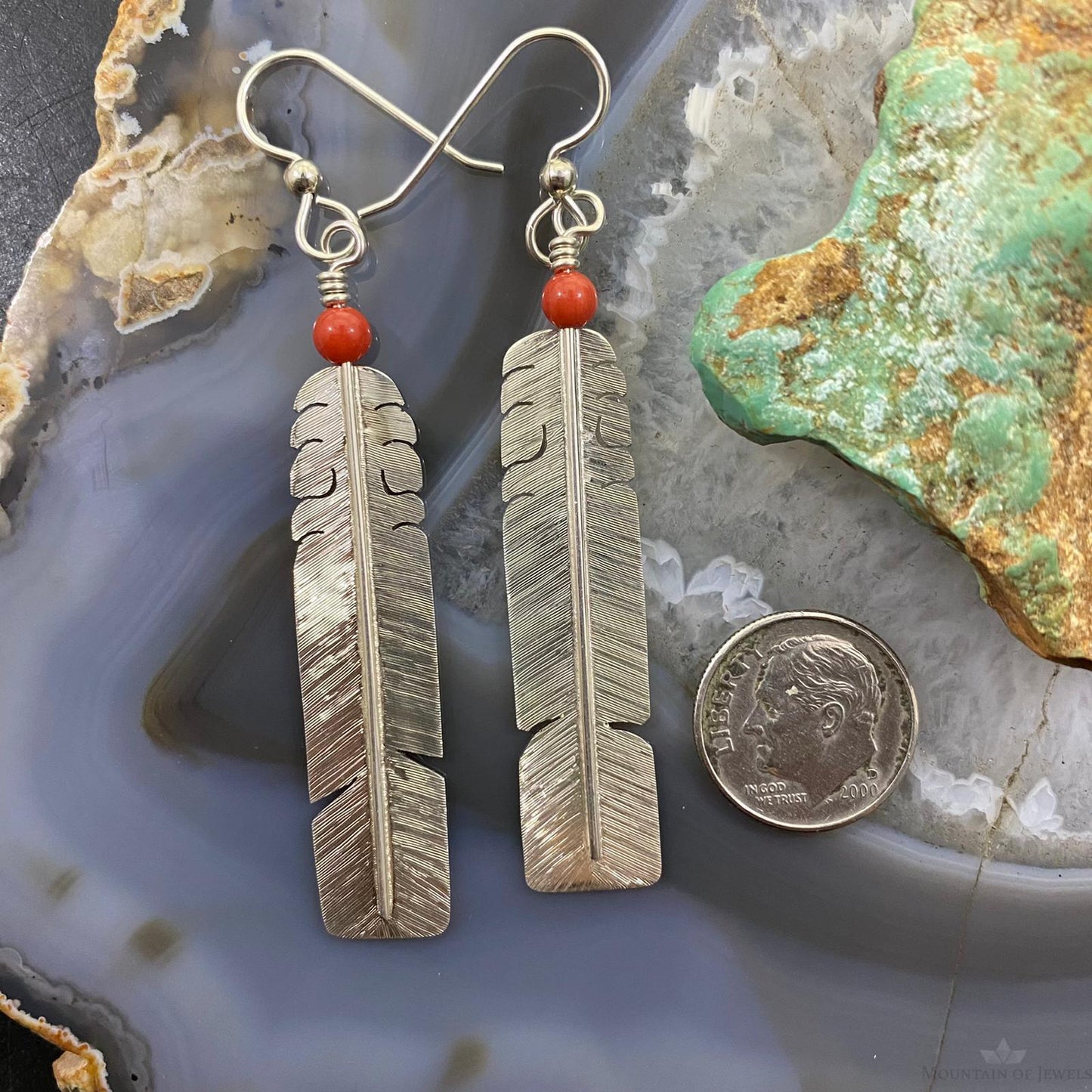 David Kuticka Native American Sterling Silver Feather w/Coral Dangle Earrings #1