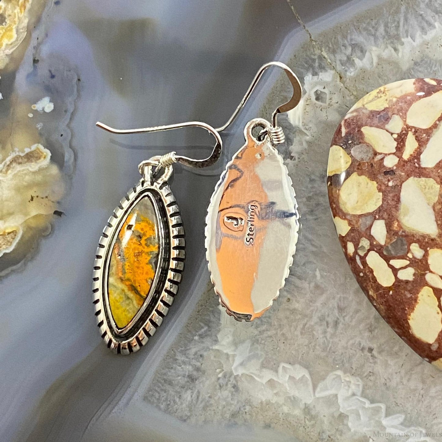 Native American Sterling Marquise Bumblebee Jasper Dangle Earrings For Women #1