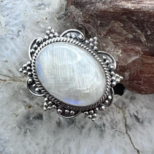 Sterling Silver Southwestern Style Oval Moonstone Decorated Ring Size 9 For Women