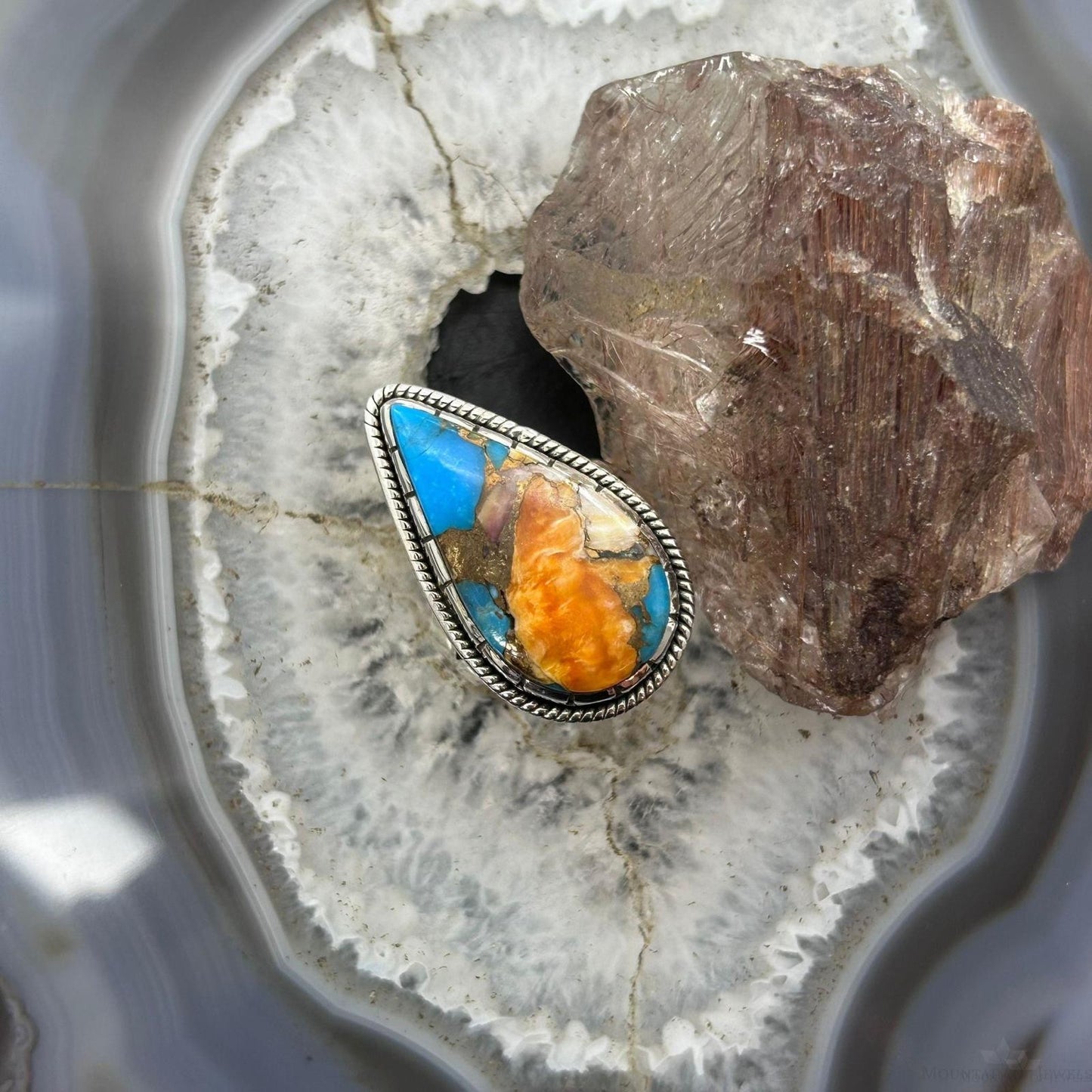 Sterling Silver Southwestern Style Teardrop Turquoise Spiny Oyster Ring Size 10 For Women