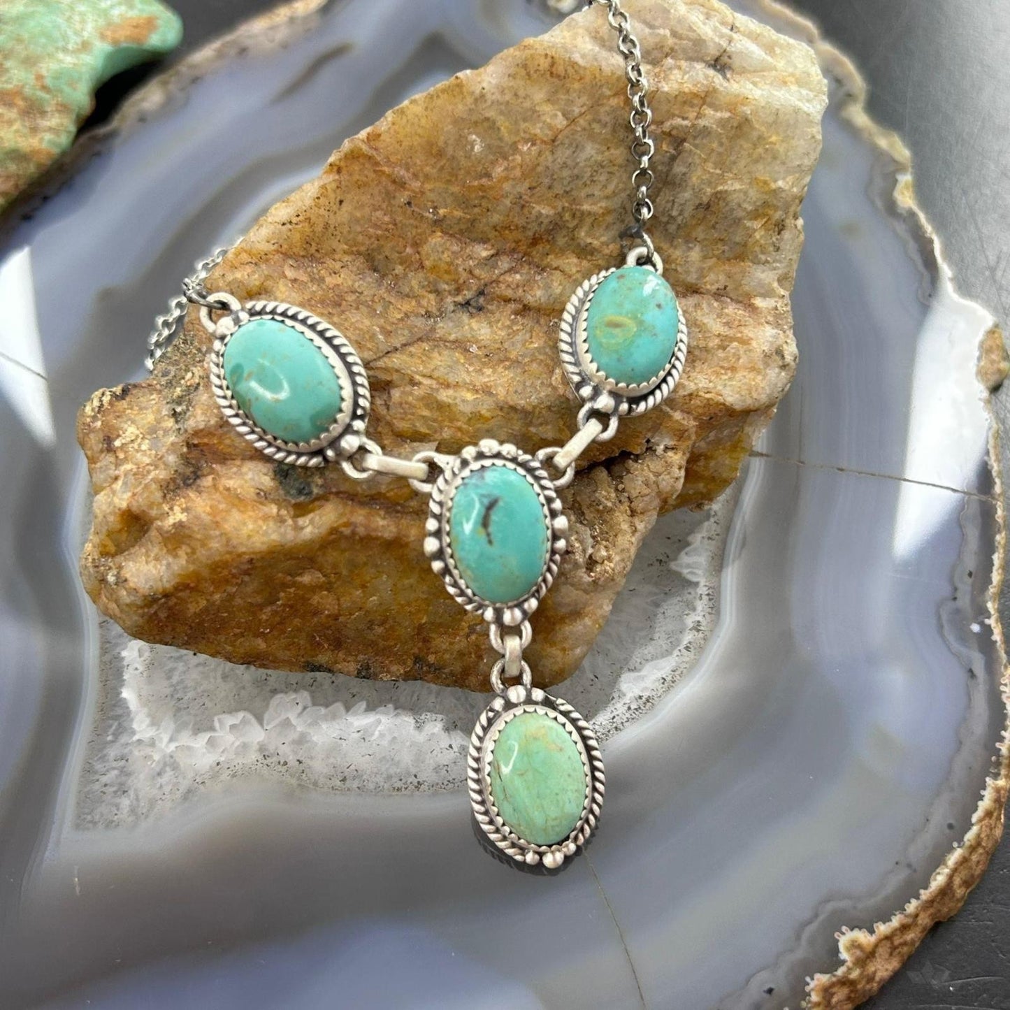 Sterling Silver Southwestern Style 4 Oval Turquoise Lariat Necklace For Women