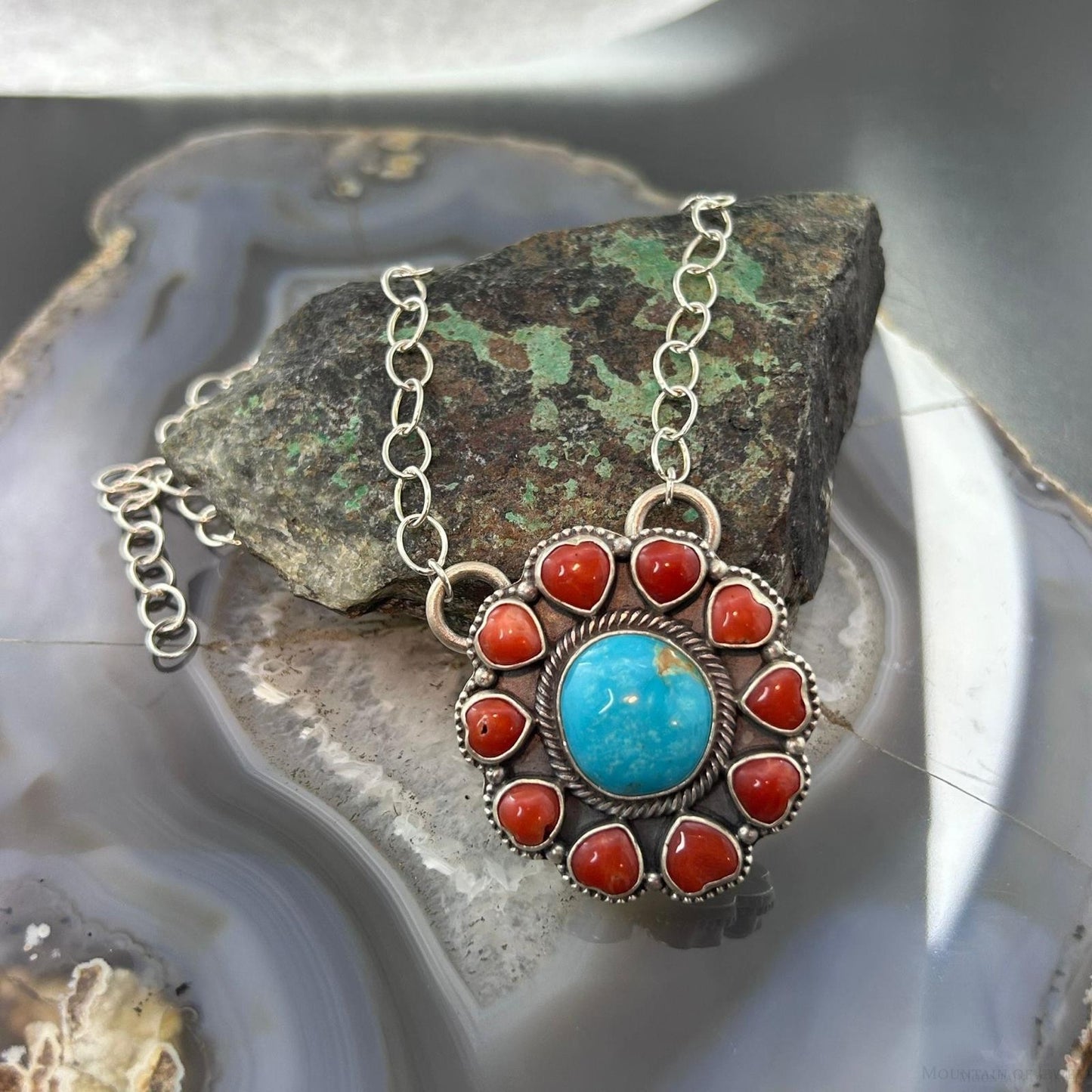 Native American Sterling Silver Round Turquoise &Coral Heart Cluster Pendant W/Necklace For Women
