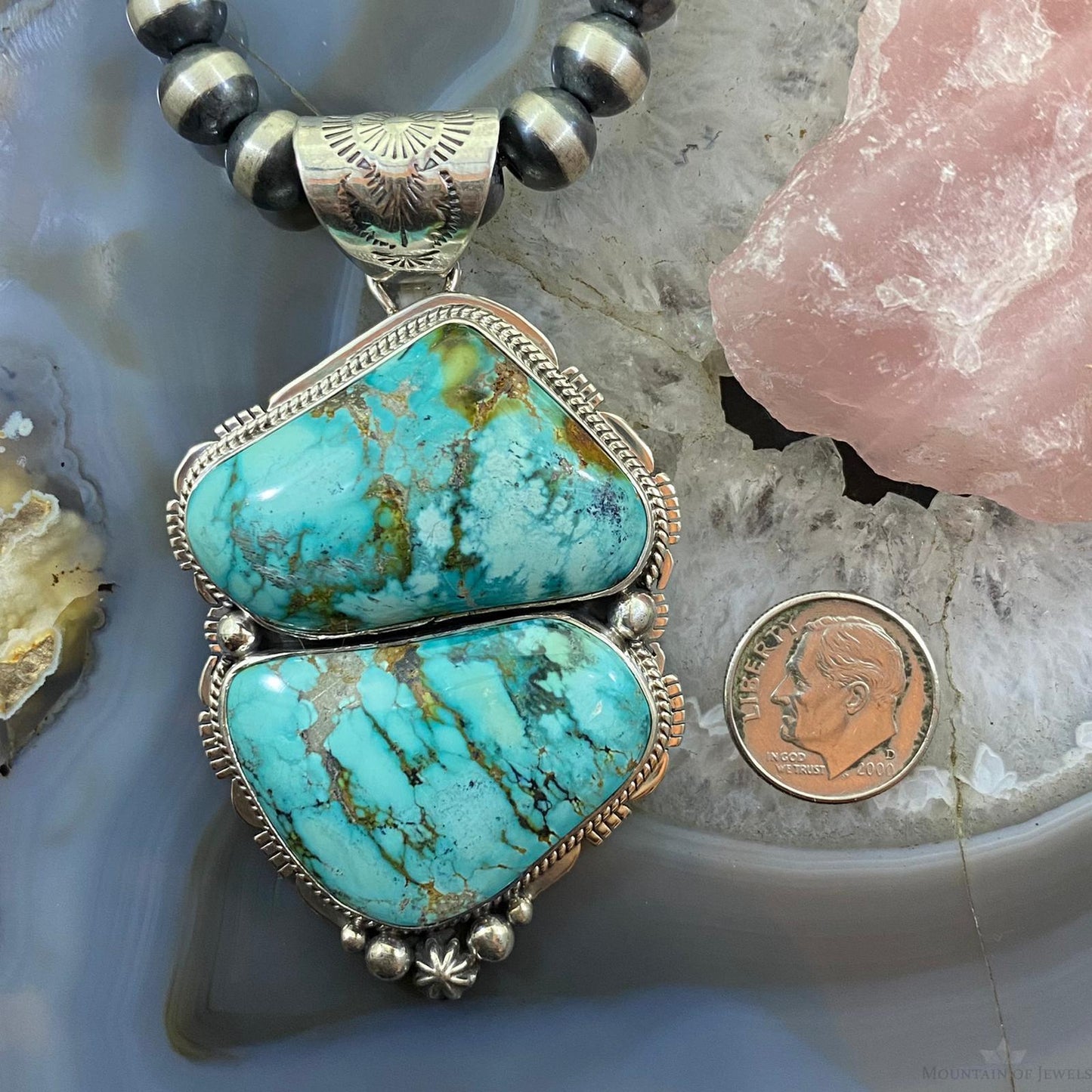 Signed Native American Sterling Silver Chunky Turquoise Unisex Pendant