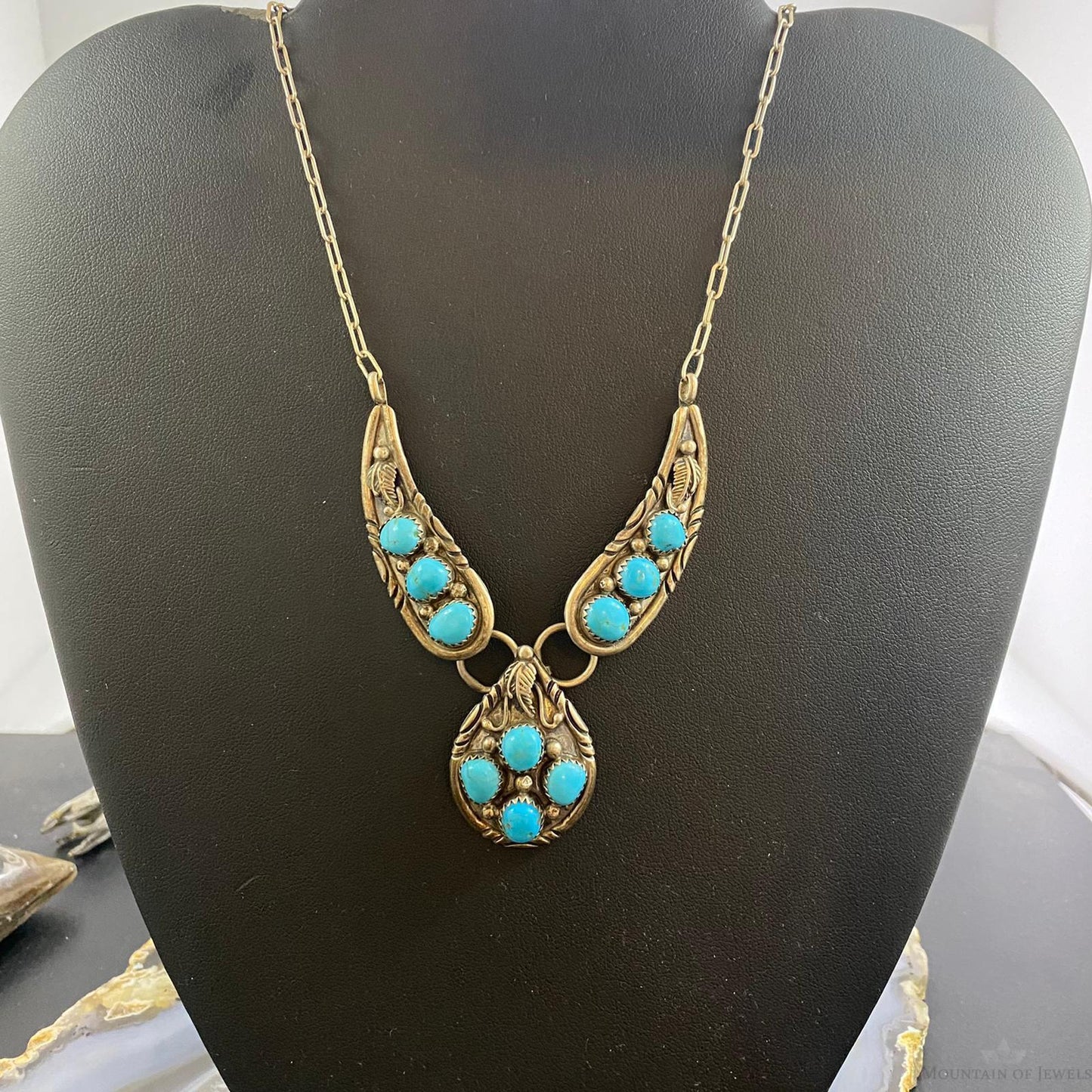 Vintage Native American Sterling Sleeping Beauty Turquoise Cluster 16" Necklace
