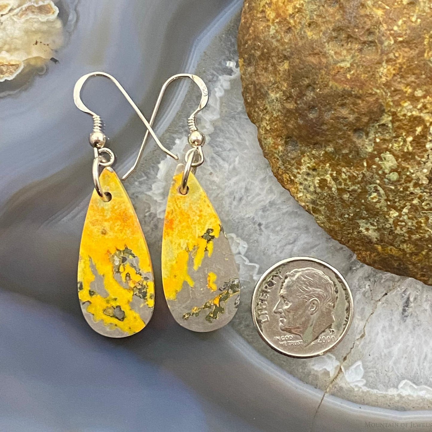 Sterling Silver Teardrop Bumblebee Jasper Slab Dangle Earrings For Women #032